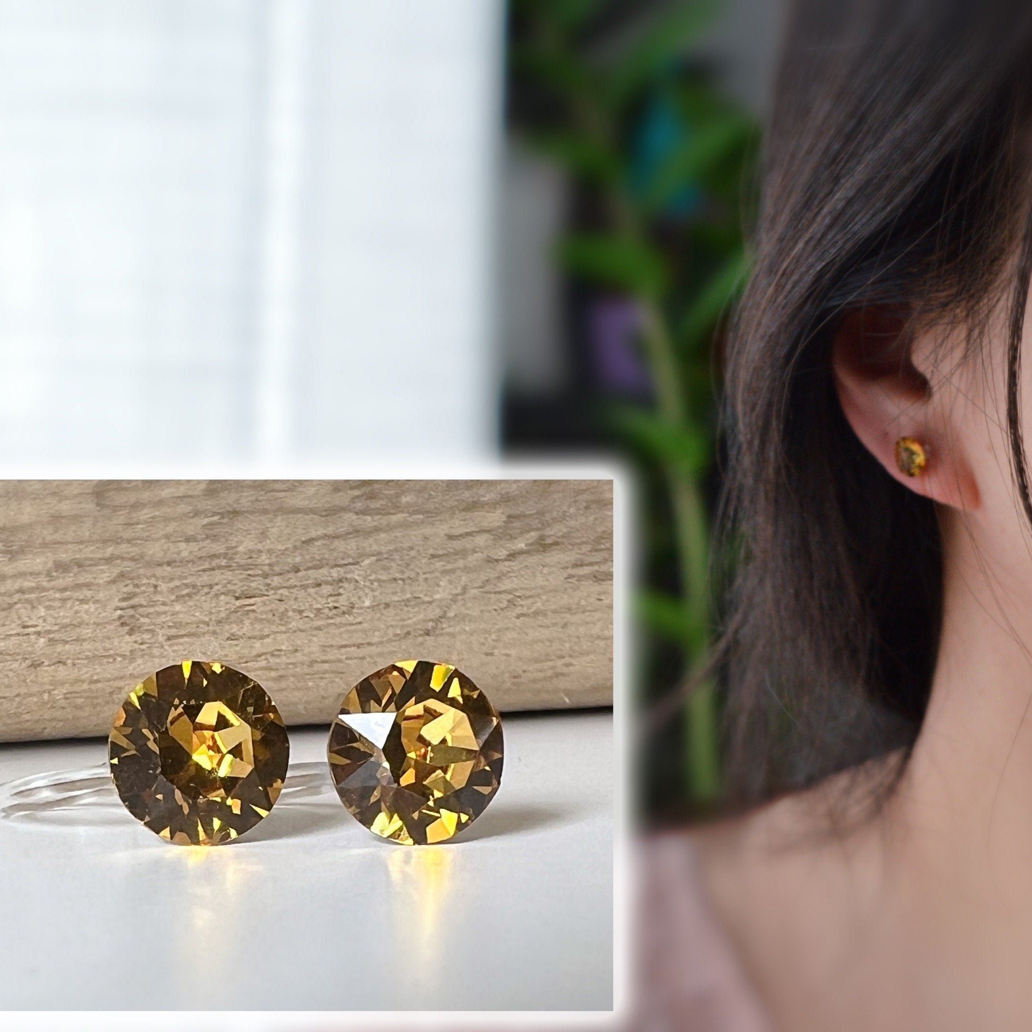 Boucles d'oreilles Clips invisible GOLDEN TOPAZ Cristaux PureCrystal Clips d'Oreille Petit Rond Jaune Or, Bijoux Minimaliste