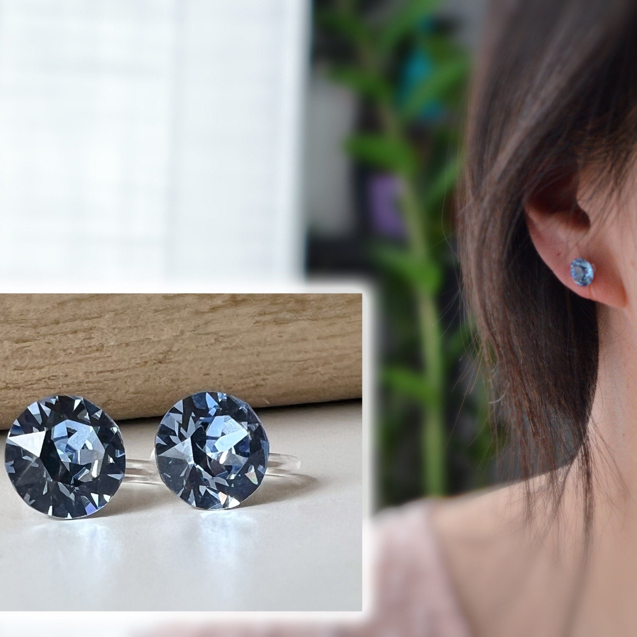 Boucles d'oreilles Clips invisible Rond LIGHT SAPPHIRE Cristaux PureCristal Clips d'Oreille Petit Rond Bleu gris, Bijoux Minimaliste