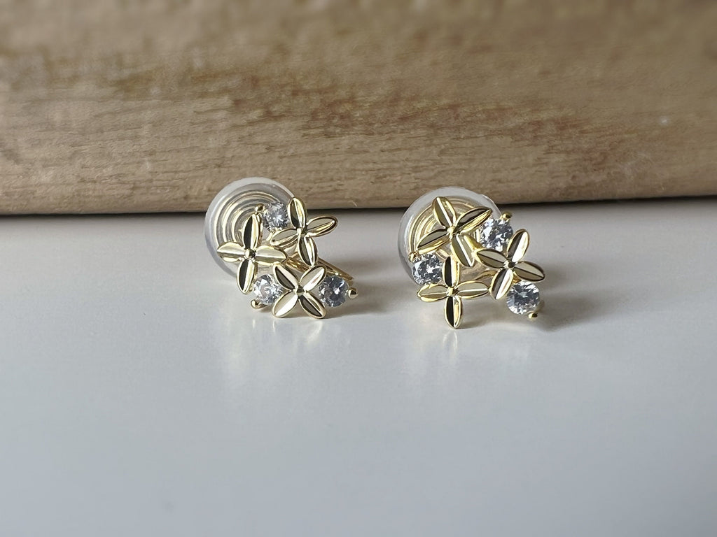 PAINLESS ! CLIPS U spiral earrings sweet Mini flowers with round zircon rhinestones. Comfortable Delicate Ear Clips