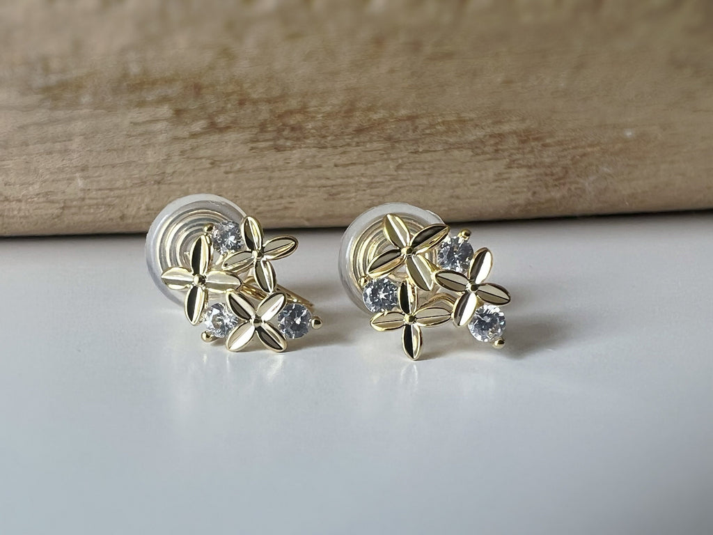 PAINLESS ! CLIPS U spiral earrings sweet Mini flowers with round zircon rhinestones. Comfortable Delicate Ear Clips