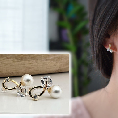 INVISIBLE gold square zircon ear clips, mini white pearl, delicate comfortable ear clips. Daily jewelry. Ready to gift.