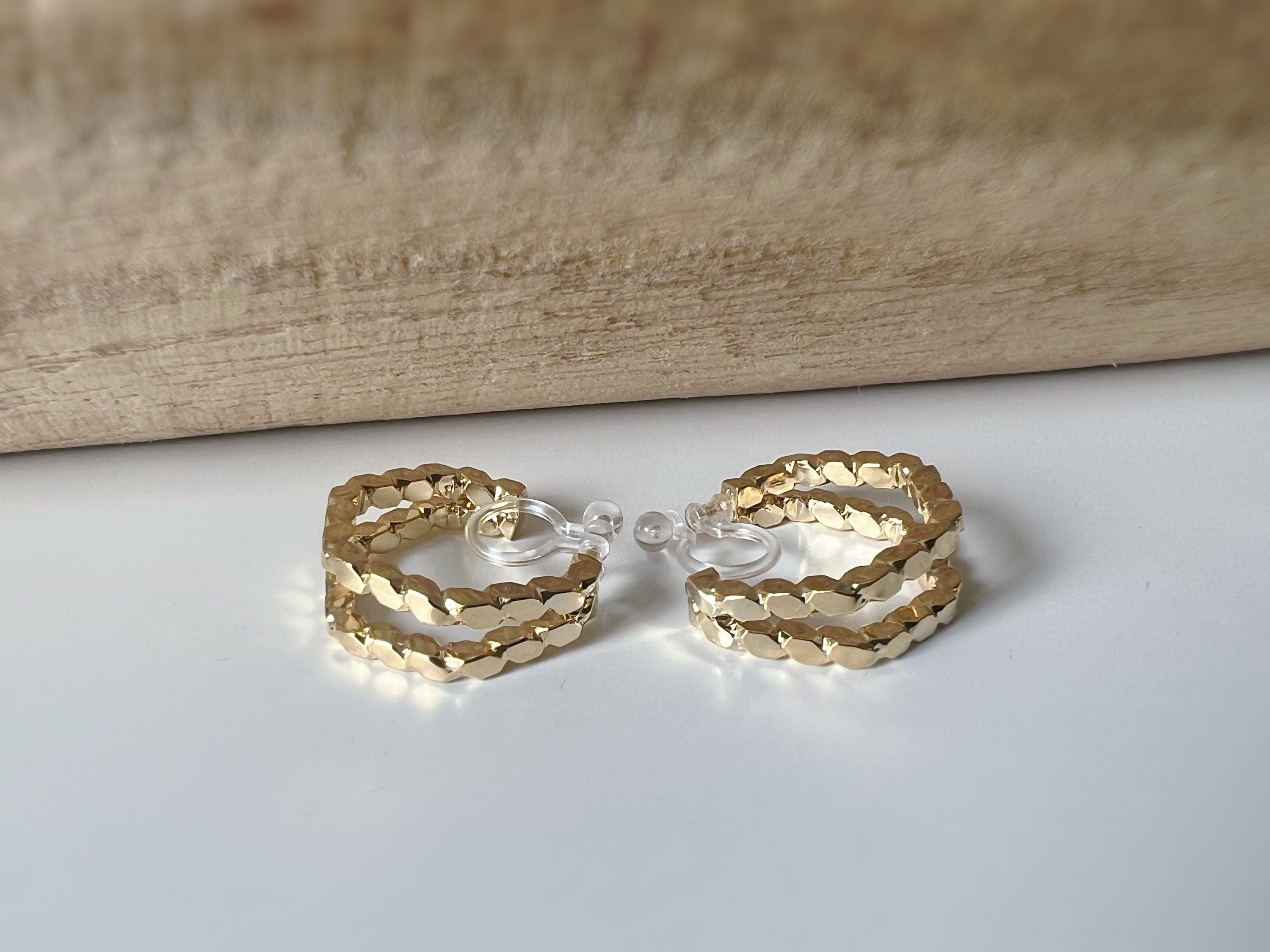 Boucles d'oreilles Clips INVISIBLES Pentagone créole Or / Argent. Double chaîne. Clips d'oreilles Confortables Prêt à offrir