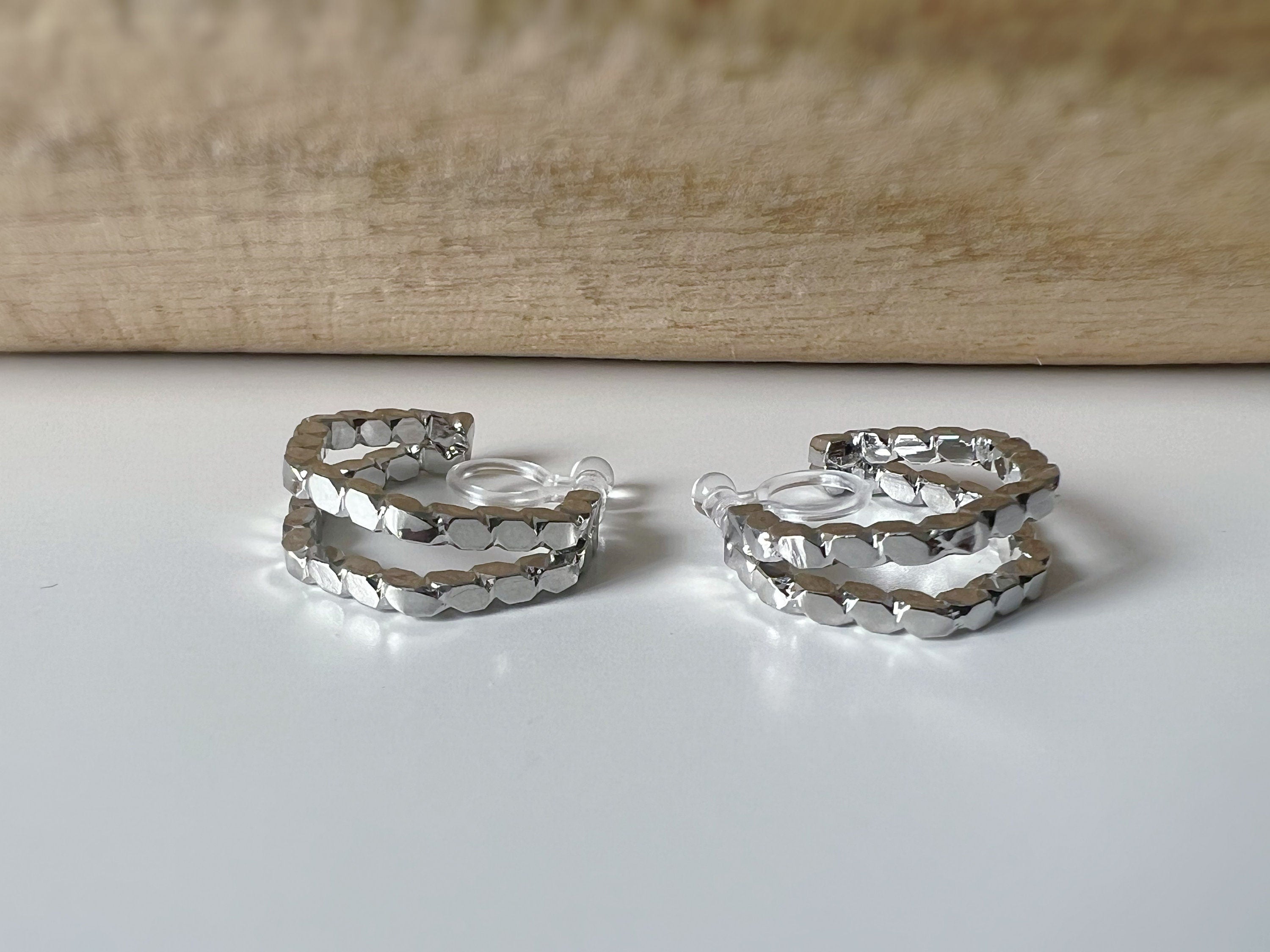 Boucles d'oreilles Clips INVISIBLES Pentagone créole Or / Argent. Double chaîne. Clips d'oreilles Confortables Prêt à offrir