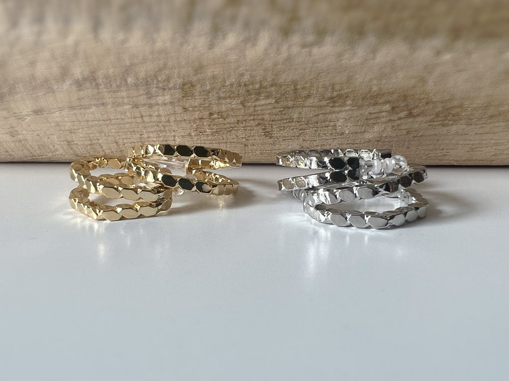 Boucles d'oreilles Clips INVISIBLES Pentagone créole Or / Argent. Double chaîne. Clips d'oreilles Confortables Prêt à offrir