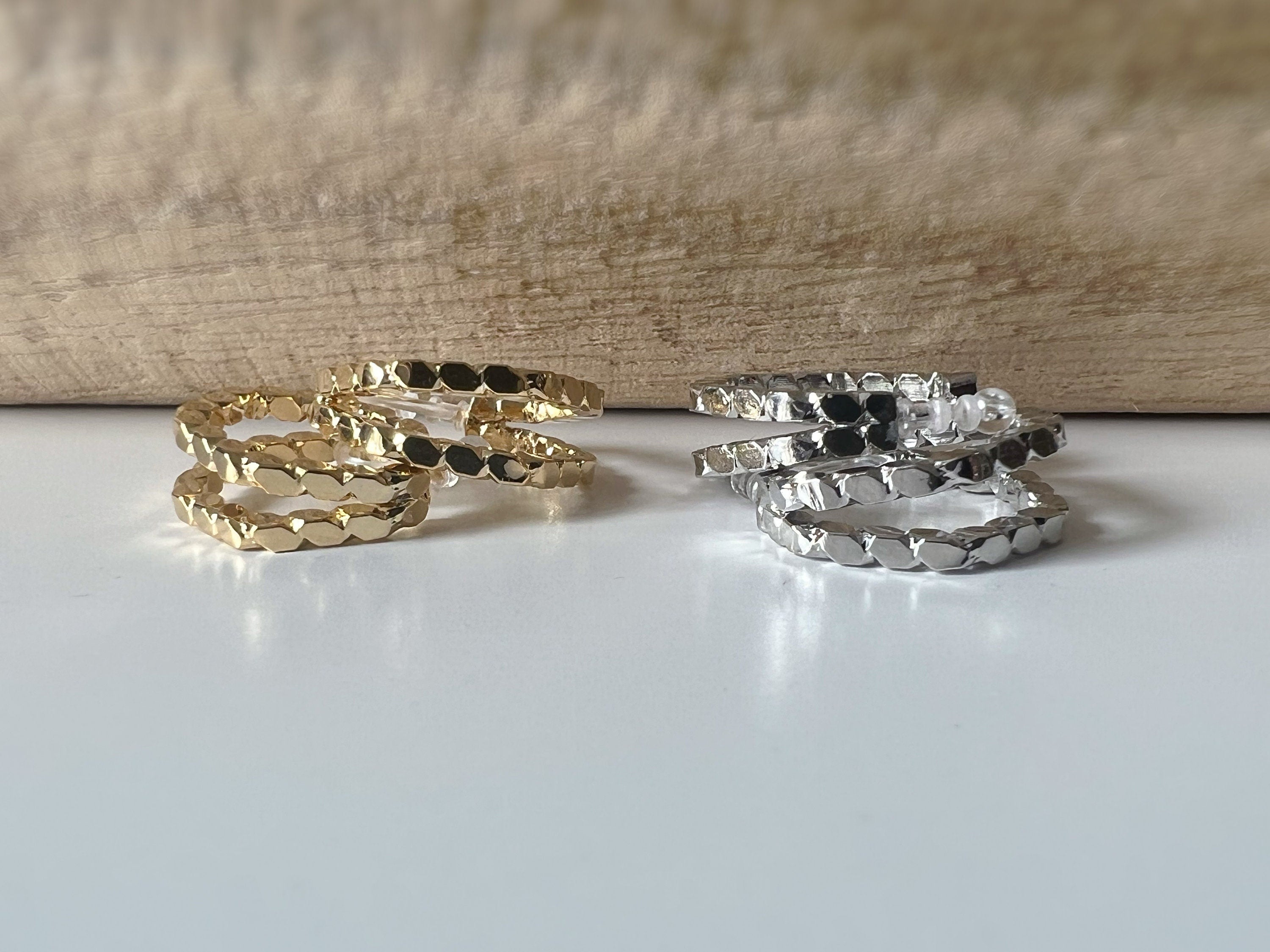 Boucles d'oreilles Clips INVISIBLES Pentagone créole Or / Argent. Double chaîne. Clips d'oreilles Confortables Prêt à offrir