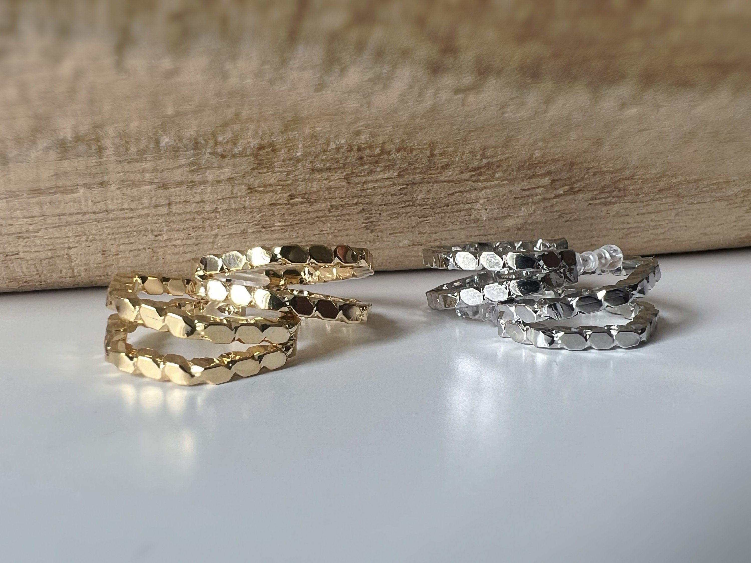 Boucles d'oreilles Clips INVISIBLES Pentagone créole Or / Argent. Double chaîne. Clips d'oreilles Confortables Prêt à offrir