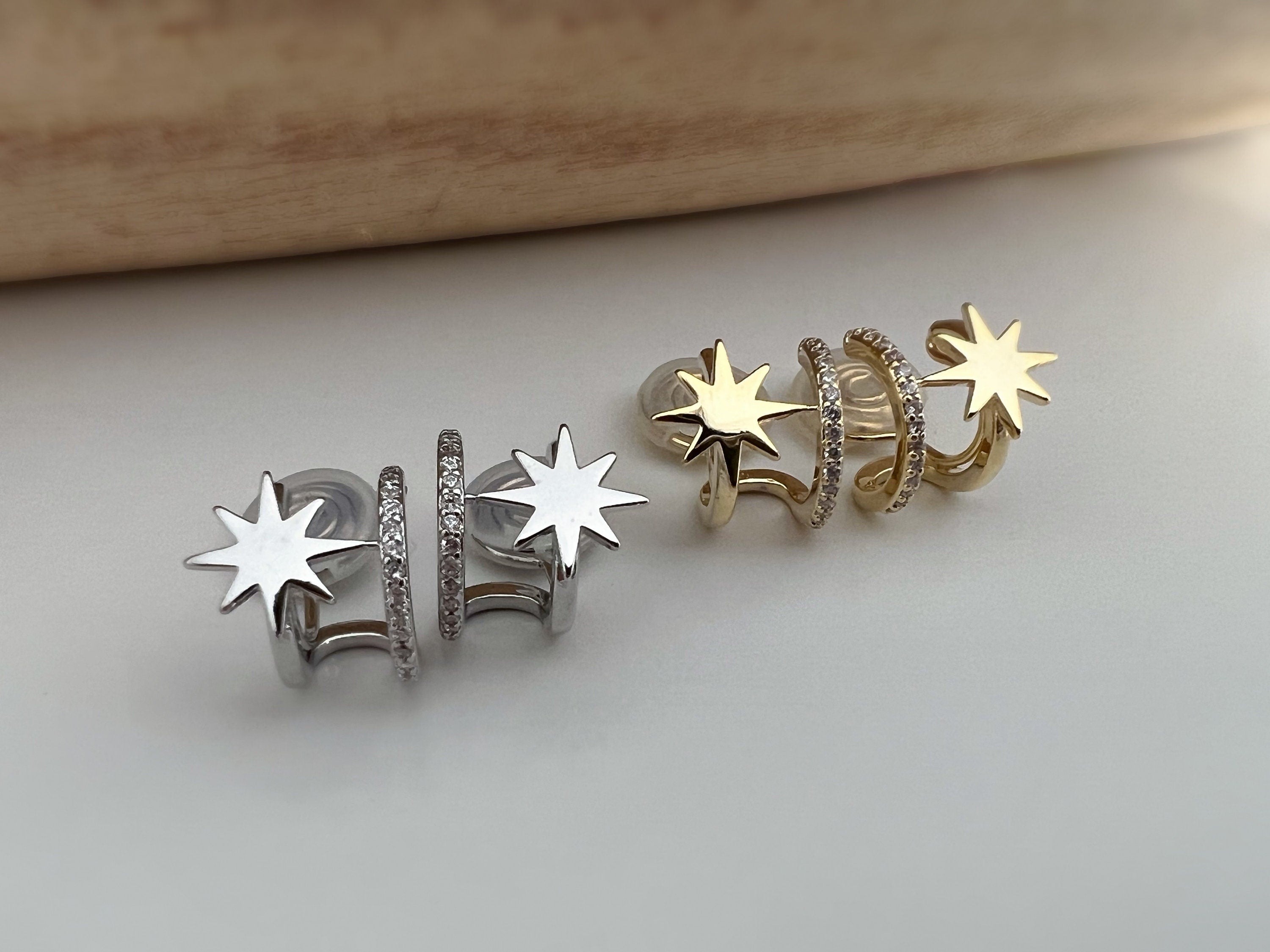 SANS DOULEUR ! Boucles d'oreilles CLIPS U spirale double Cercle étoile couleur Or / Argent. Clips d'oreilles confortable Boucles Délicates