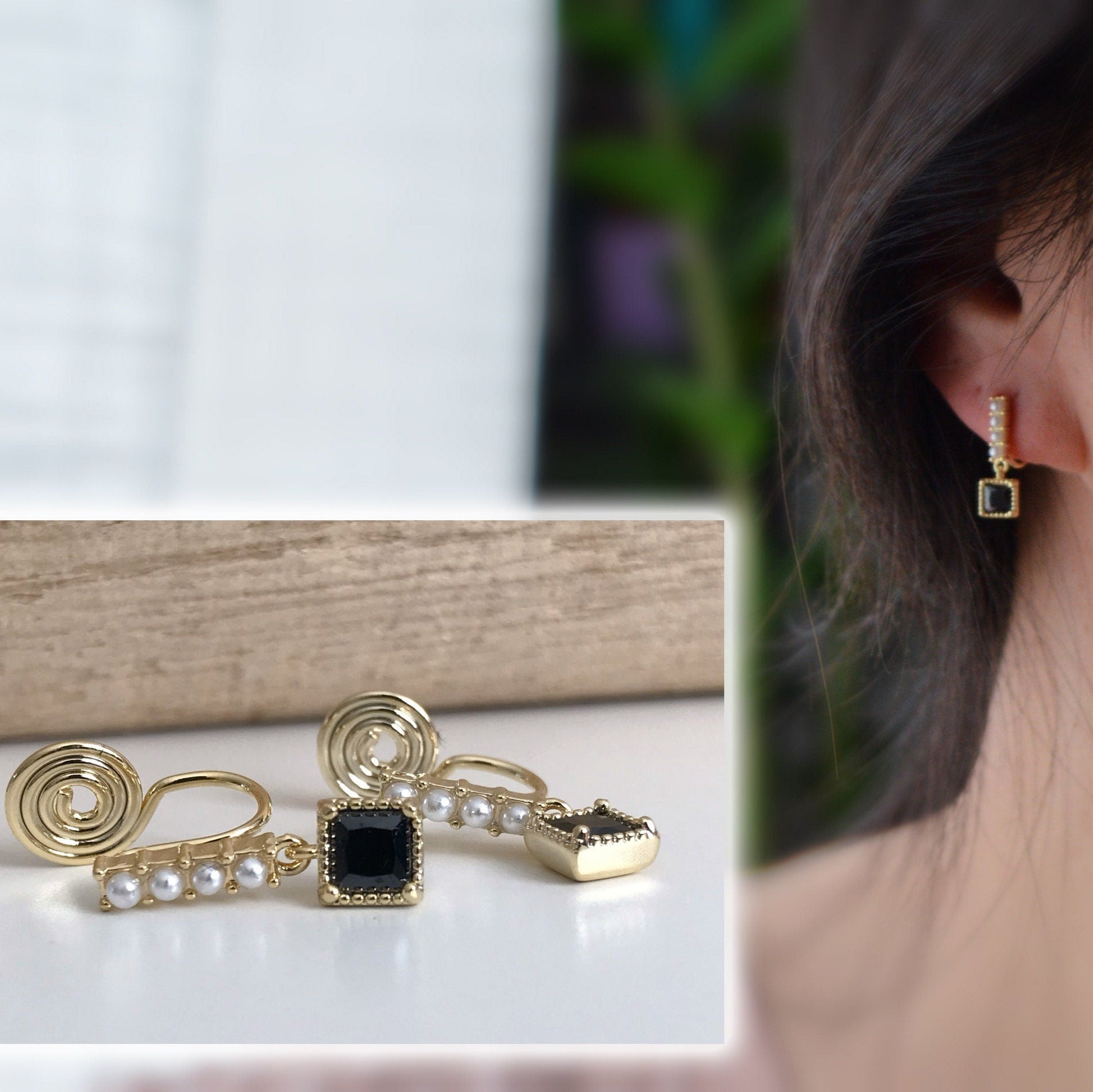 PAINLESS! CLIPS U spiral earrings Gold bar with mini white pearls, Black Square, Gold plated Comfortable ear clips.