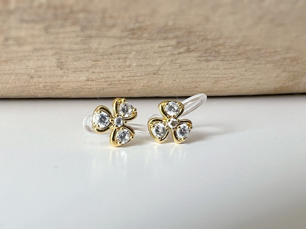 Mini CLIPS d'oreilles invisibles, petit Trèfle Or Zircon Boucles d'oreilles clips confortable délicat minimaliste