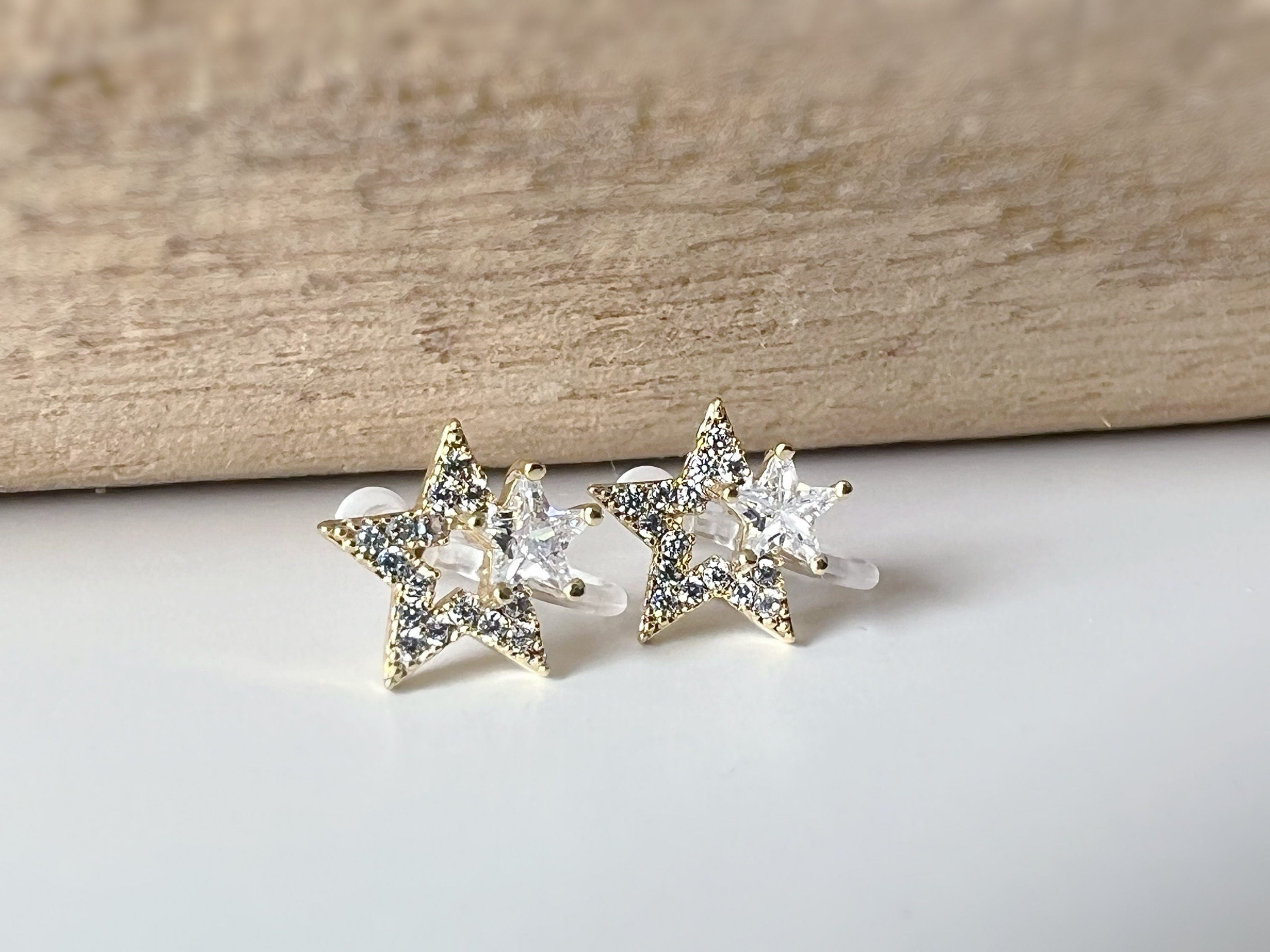Mini invisible EAR CLIPS, Large and Small Stars Gold Zircon Clip-on earrings comfortable delicate minimalist