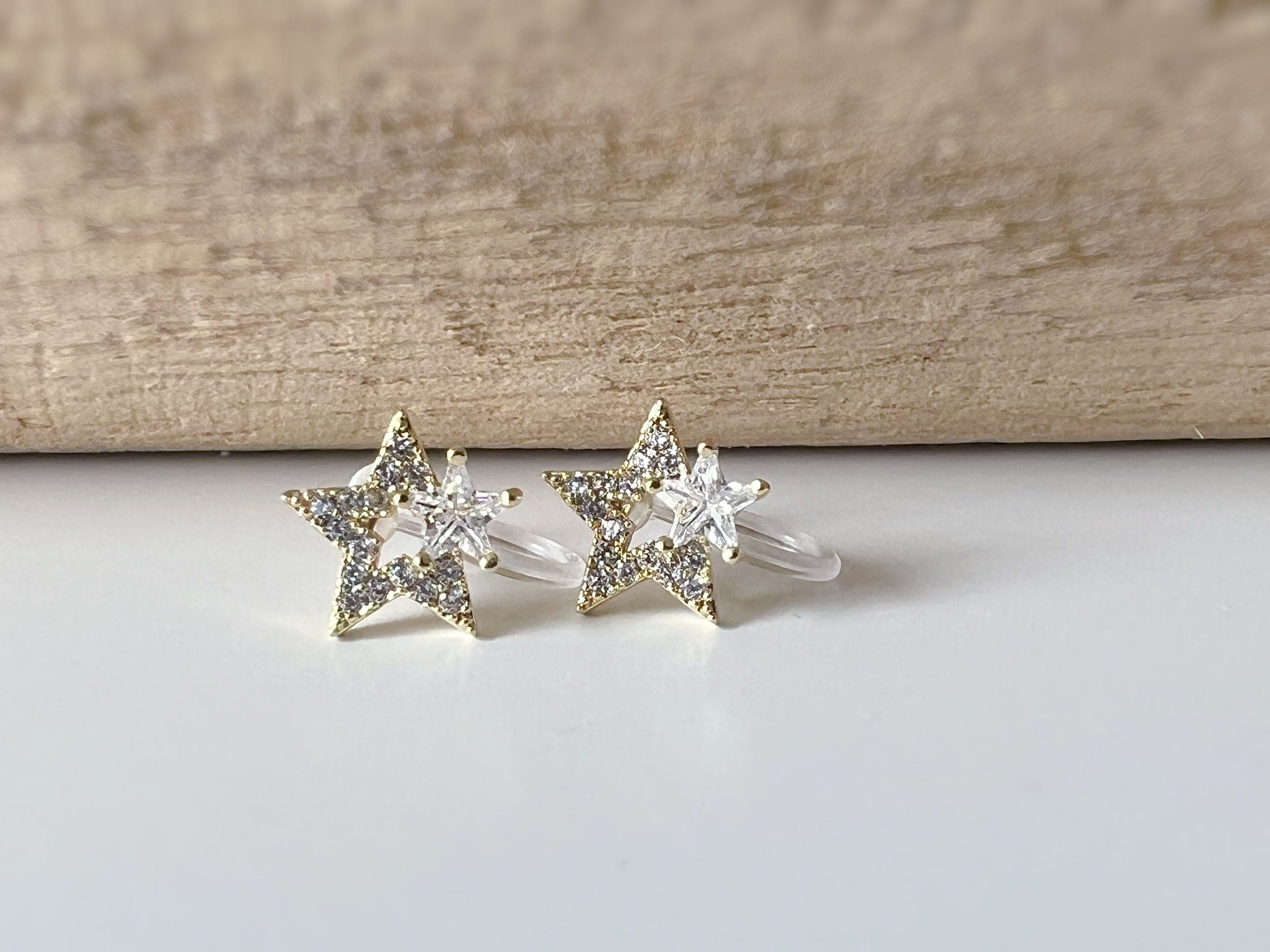 Mini invisible EAR CLIPS, Large and Small Stars Gold Zircon Clip-on earrings comfortable delicate minimalist