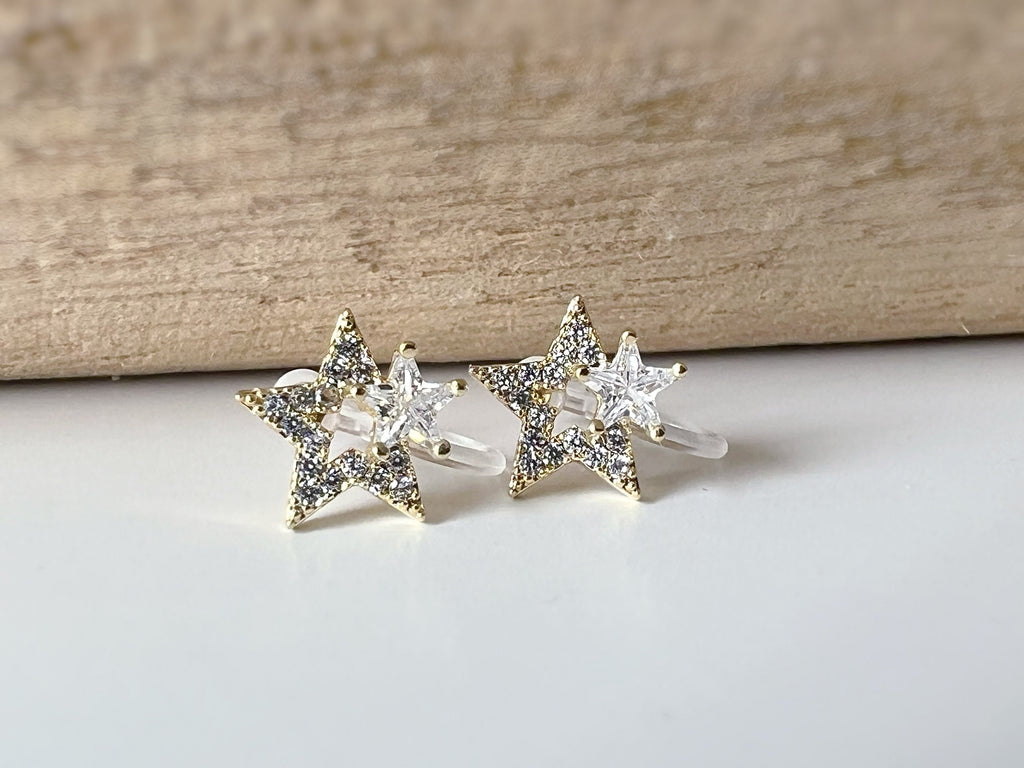 Mini invisible EAR CLIPS, Large and Small Stars Gold Zircon Clip-on earrings comfortable delicate minimalist