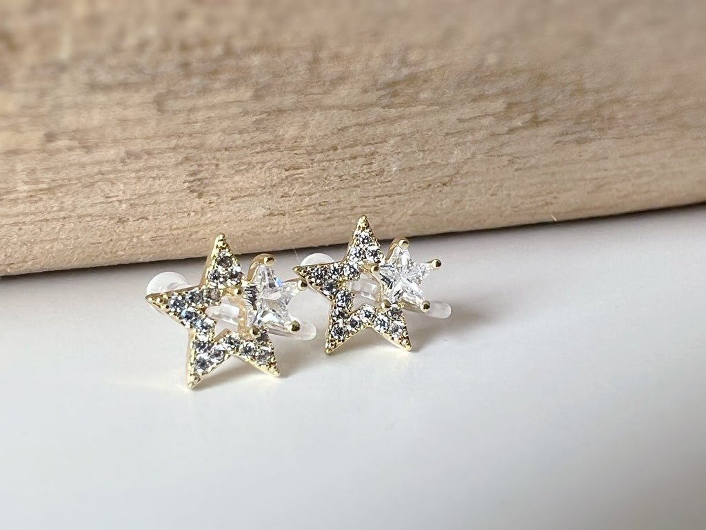 Mini invisible EAR CLIPS, Large and Small Stars Gold Zircon Clip-on earrings comfortable delicate minimalist