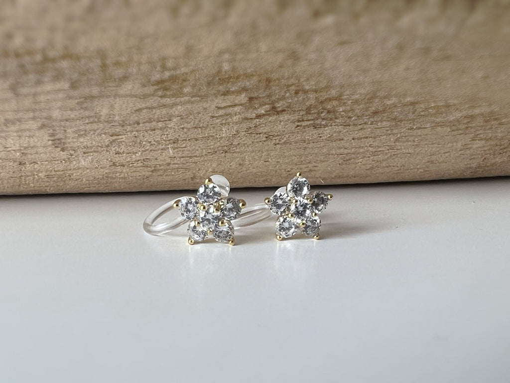 Mini CLIPS d'oreilles invisibles, Mini Fleur cinq pétales Or Zircon, Boucles d'oreilles clips confortable délicat minimaliste