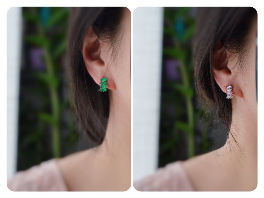 SANS DOULEUR ! Boucles d'oreilles CLIPS U spirale Rectangle Violet Or / Vert Argent. Clips confortable