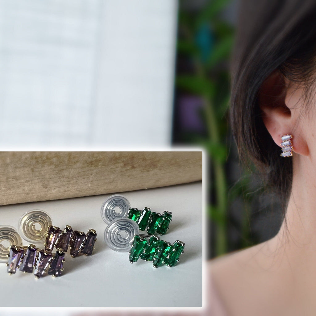 SANS DOULEUR ! Boucles d'oreilles CLIPS U spirale Rectangle Violet Or / Vert Argent. Clips confortable