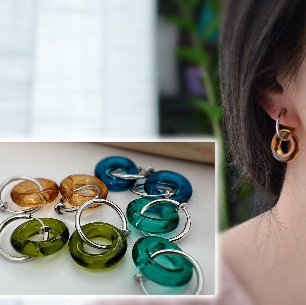 2 EN 1 Créoles Clips 20mm ARGENT Cercle Vert Olive / Vert paon / Bleu / Marron. Clips d'oreilles Anneaux argent diamètre du fil 1.5mm ou 2mm