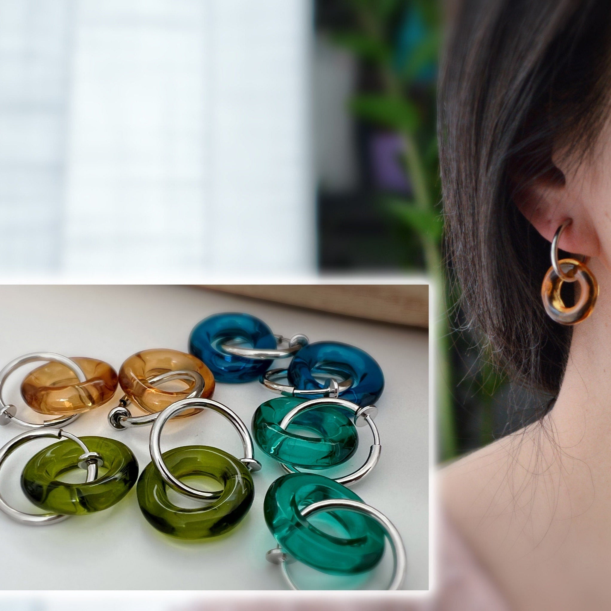 2 EN 1 Créoles Clips 20mm ARGENT Cercle Vert Olive / Vert paon / Bleu / Marron. Clips d'oreilles Anneaux argent diamètre du fil 1.5mm ou 2mm