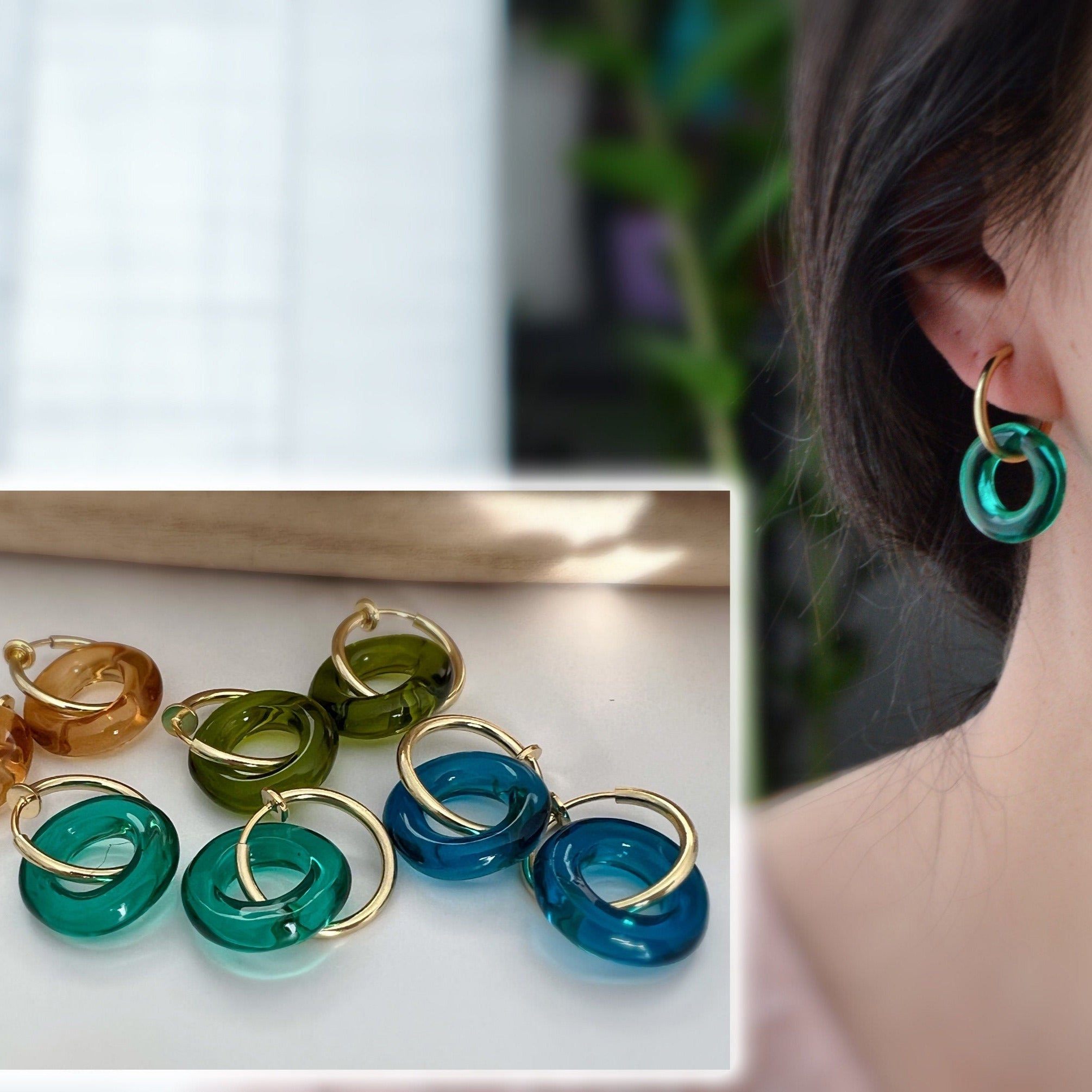 2 EN 1 Créoles Clips 20mm OR Cercle Vert Olive / Vert paon / Bleu / Marron. Clips d'oreilles Anneaux Or diamètre du fil 1.5mm ou 2mm