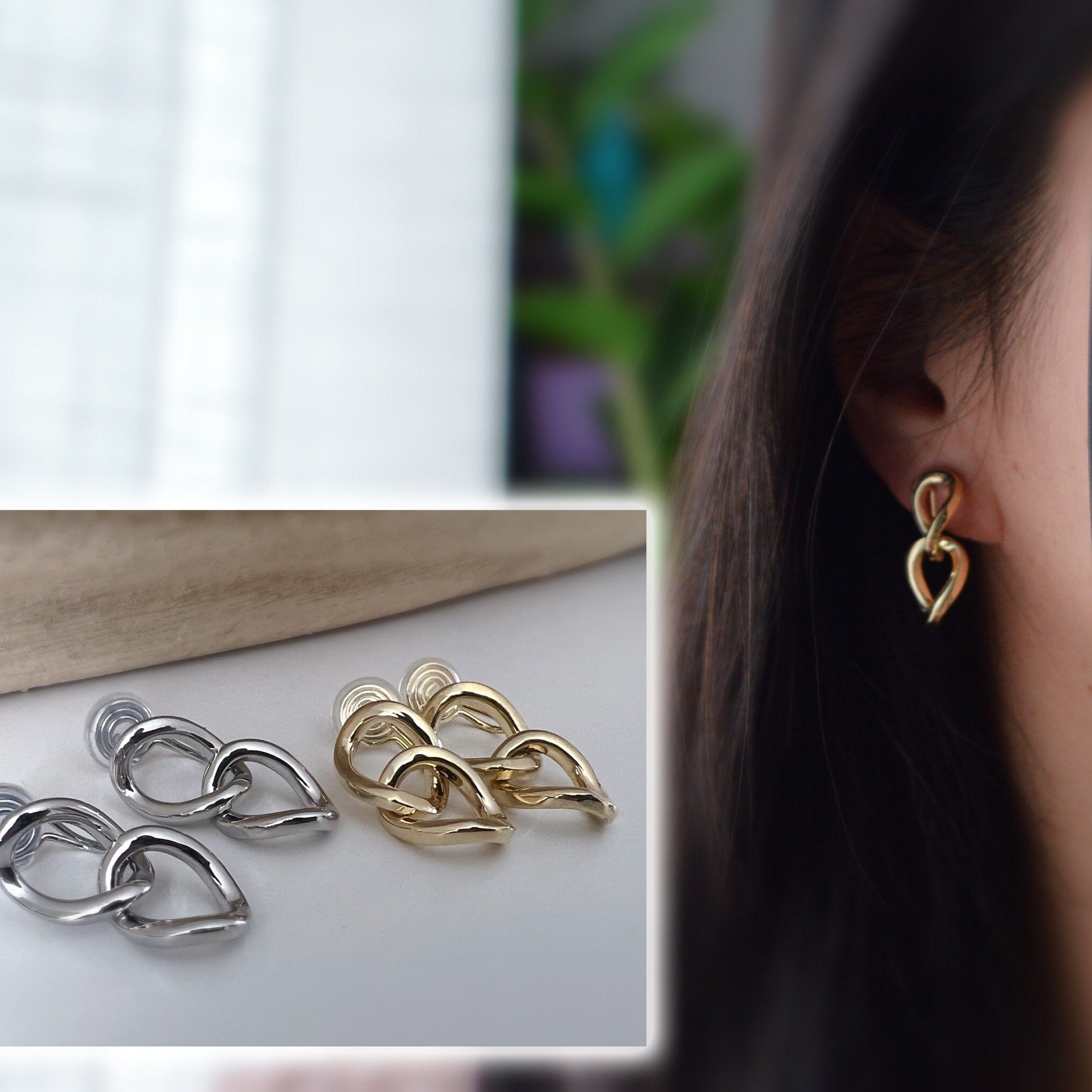 PAINLESS ! CLIPS U spiral thick chain earrings in gold/silver color. Comfortable Ear Clips Delicate Earrings