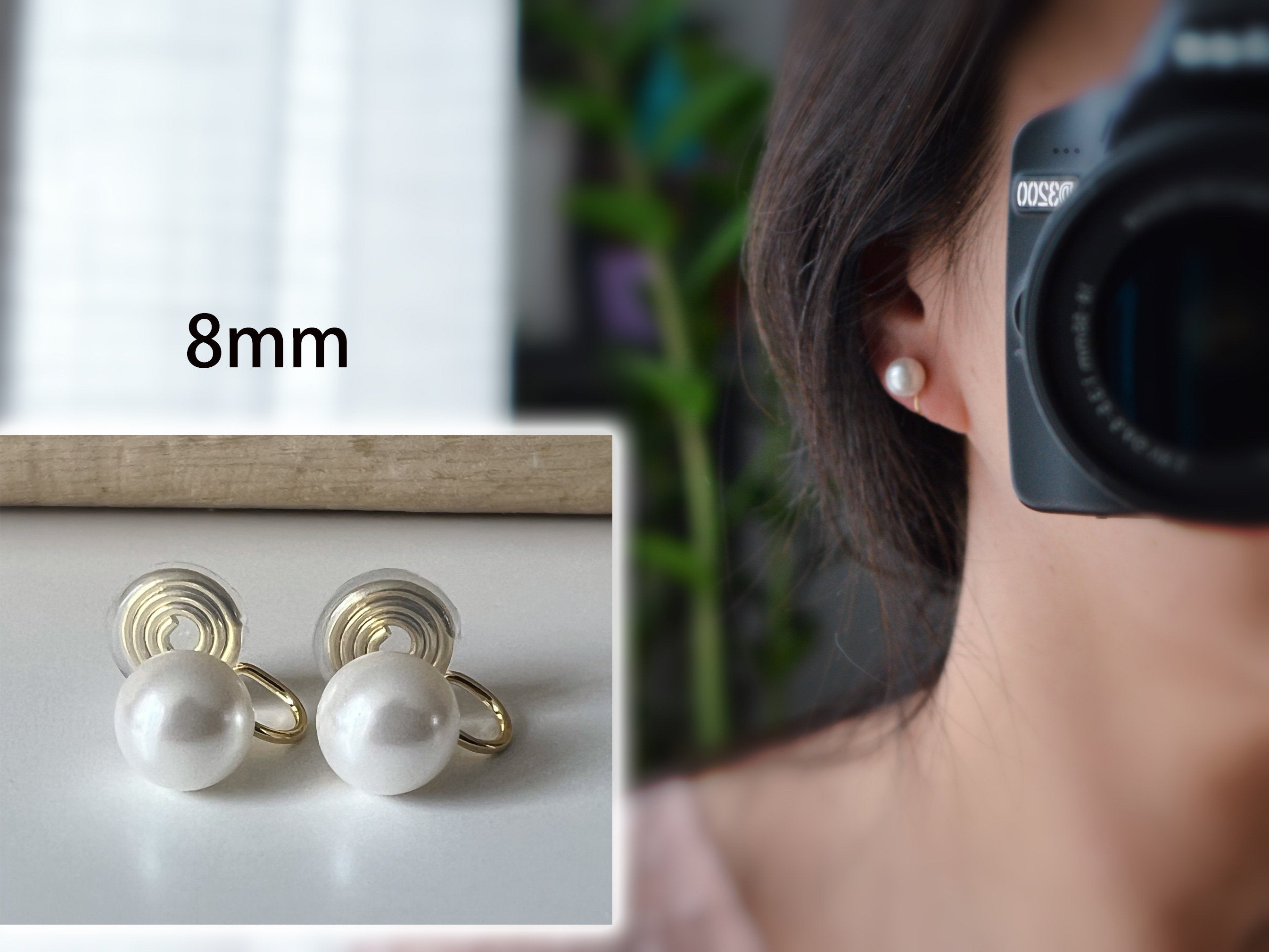 SANS DOULEUR ! Boucles d'oreilles CLIPS U spirale Perle blanche 8mm /10mm /12mm plaqué d'Or. Clips d'oreilles confortable.