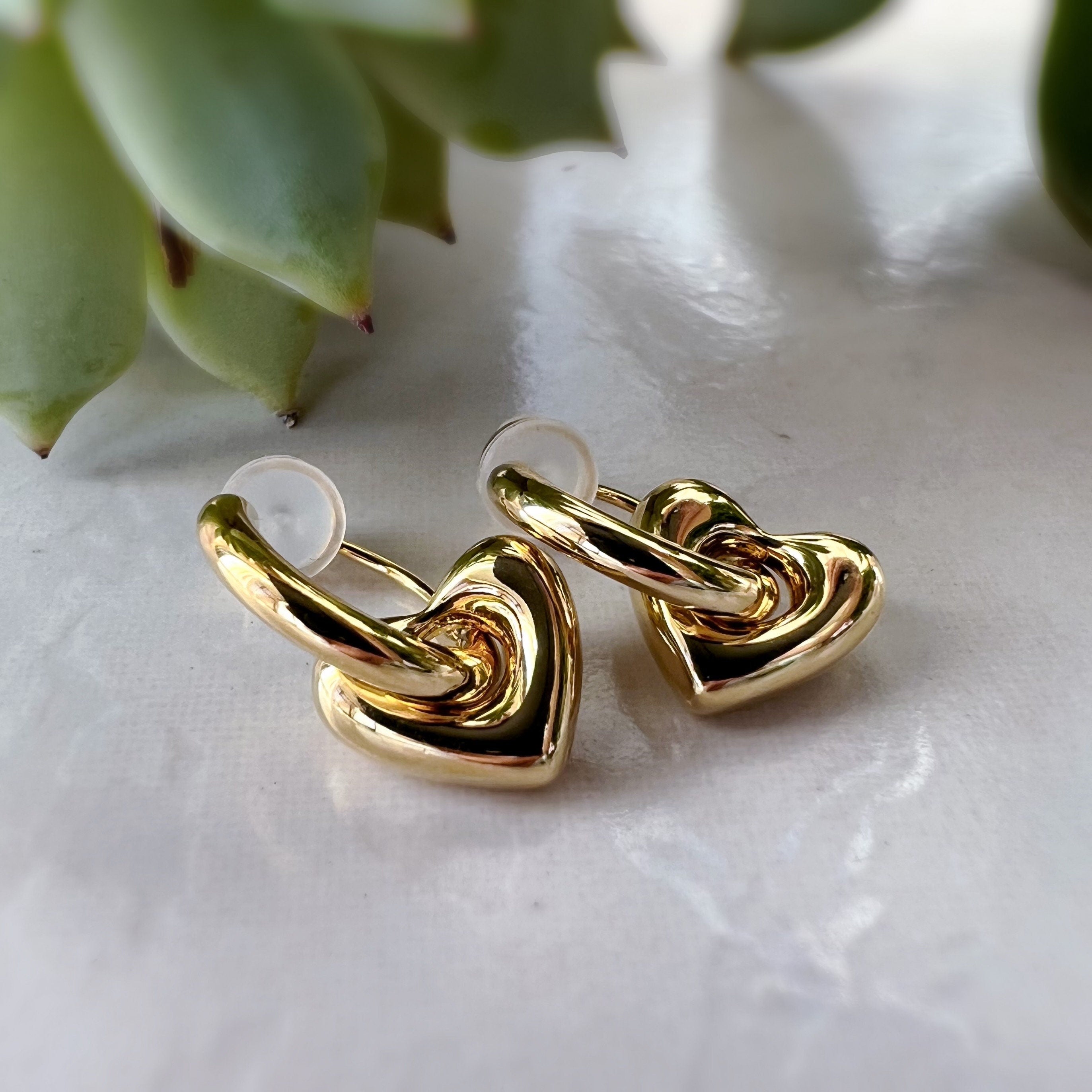 2 En 1 Sans DOULEUR ! Boucles d'oreilles CLIPS U petit cercle et cœur, Argent/ Or. Clips d'oreilles confortable