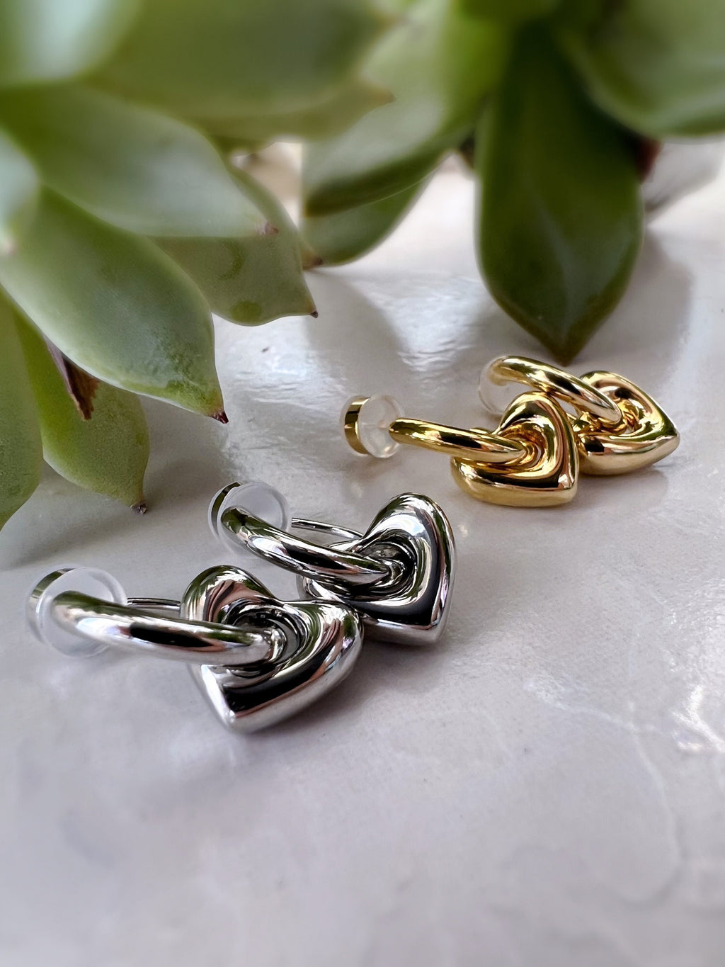 2 En 1 Sans DOULEUR ! Boucles d'oreilles CLIPS U petit cercle et cœur, Argent/ Or. Clips d'oreilles confortable