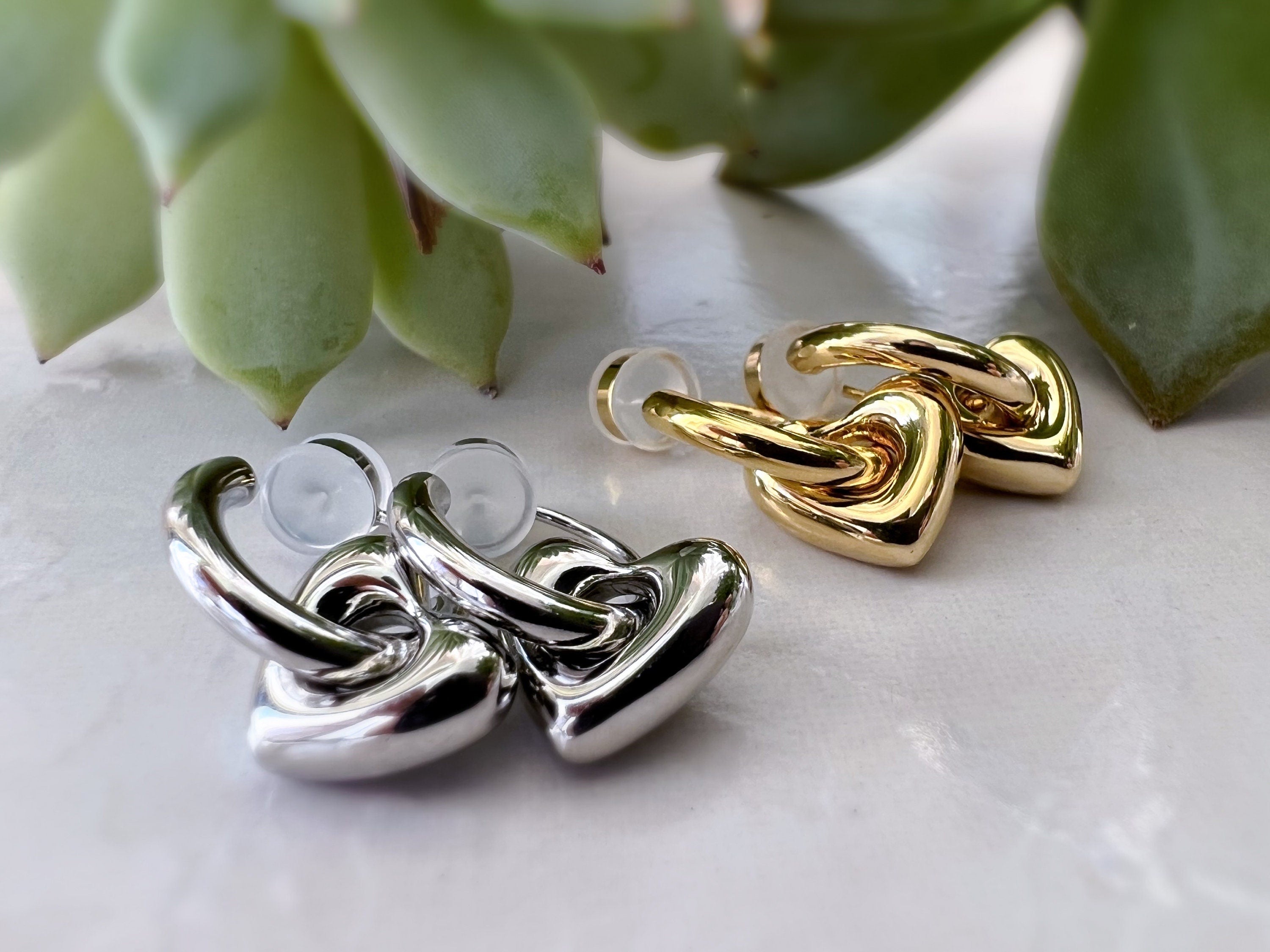 2 En 1 Sans DOULEUR ! Boucles d'oreilles CLIPS U petit cercle et cœur, Argent/ Or. Clips d'oreilles confortable