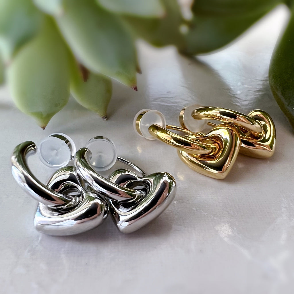 2 En 1 Sans DOULEUR ! Boucles d'oreilles CLIPS U petit cercle et cœur, Argent/ Or. Clips d'oreilles confortable