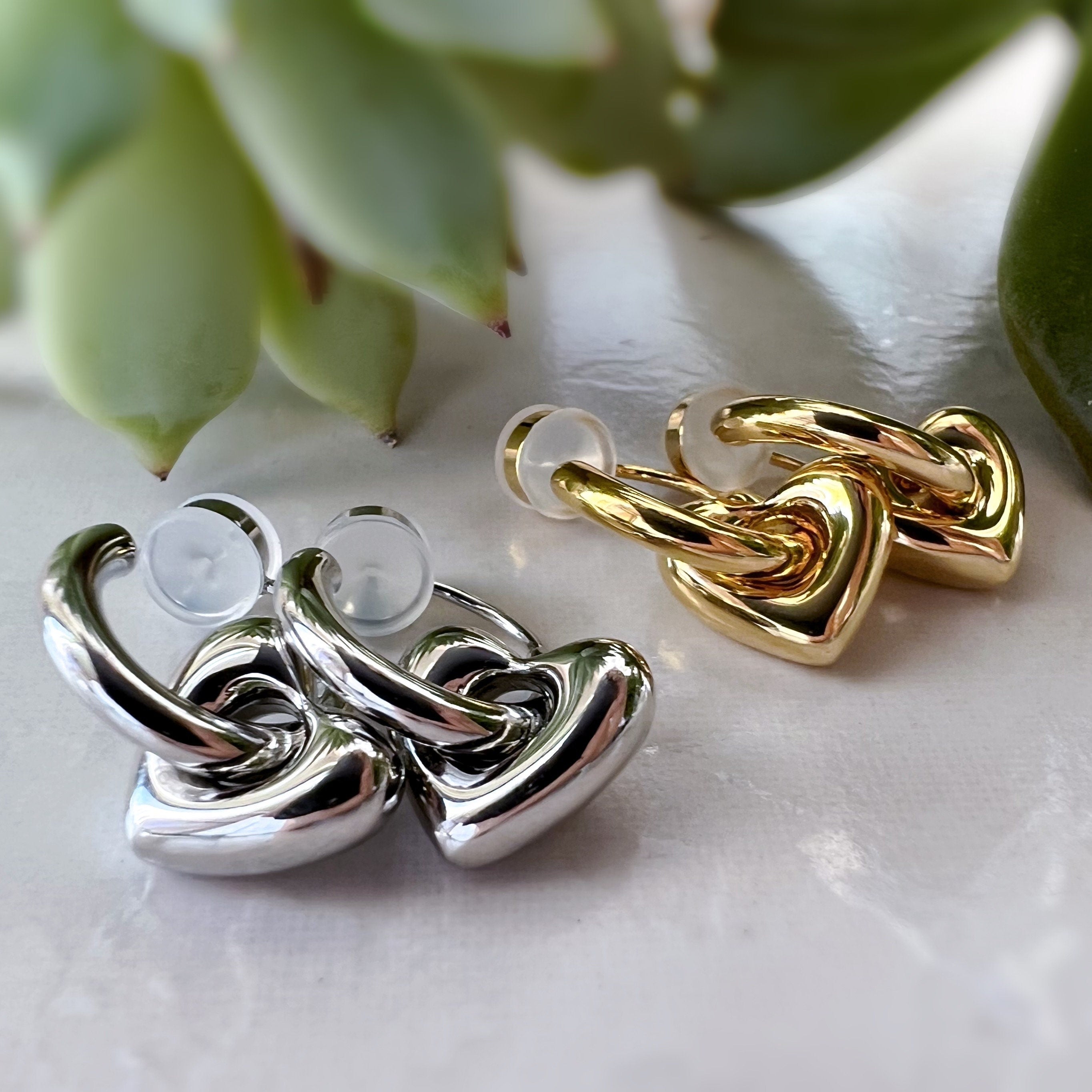 2 En 1 Sans DOULEUR ! Boucles d'oreilles CLIPS U petit cercle et cœur, Argent/ Or. Clips d'oreilles confortable