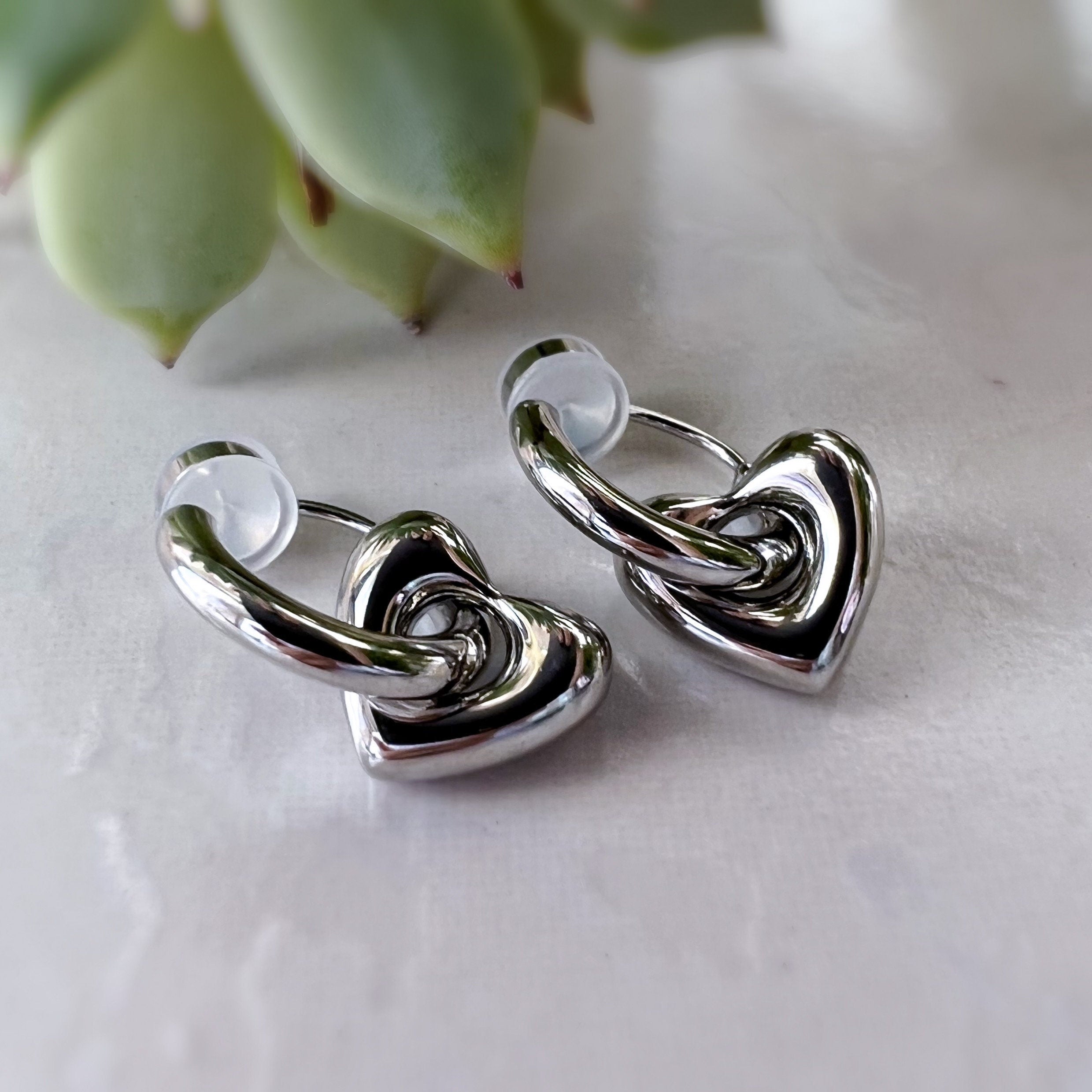 2 En 1 Sans DOULEUR ! Boucles d'oreilles CLIPS U petit cercle et cœur, Argent/ Or. Clips d'oreilles confortable