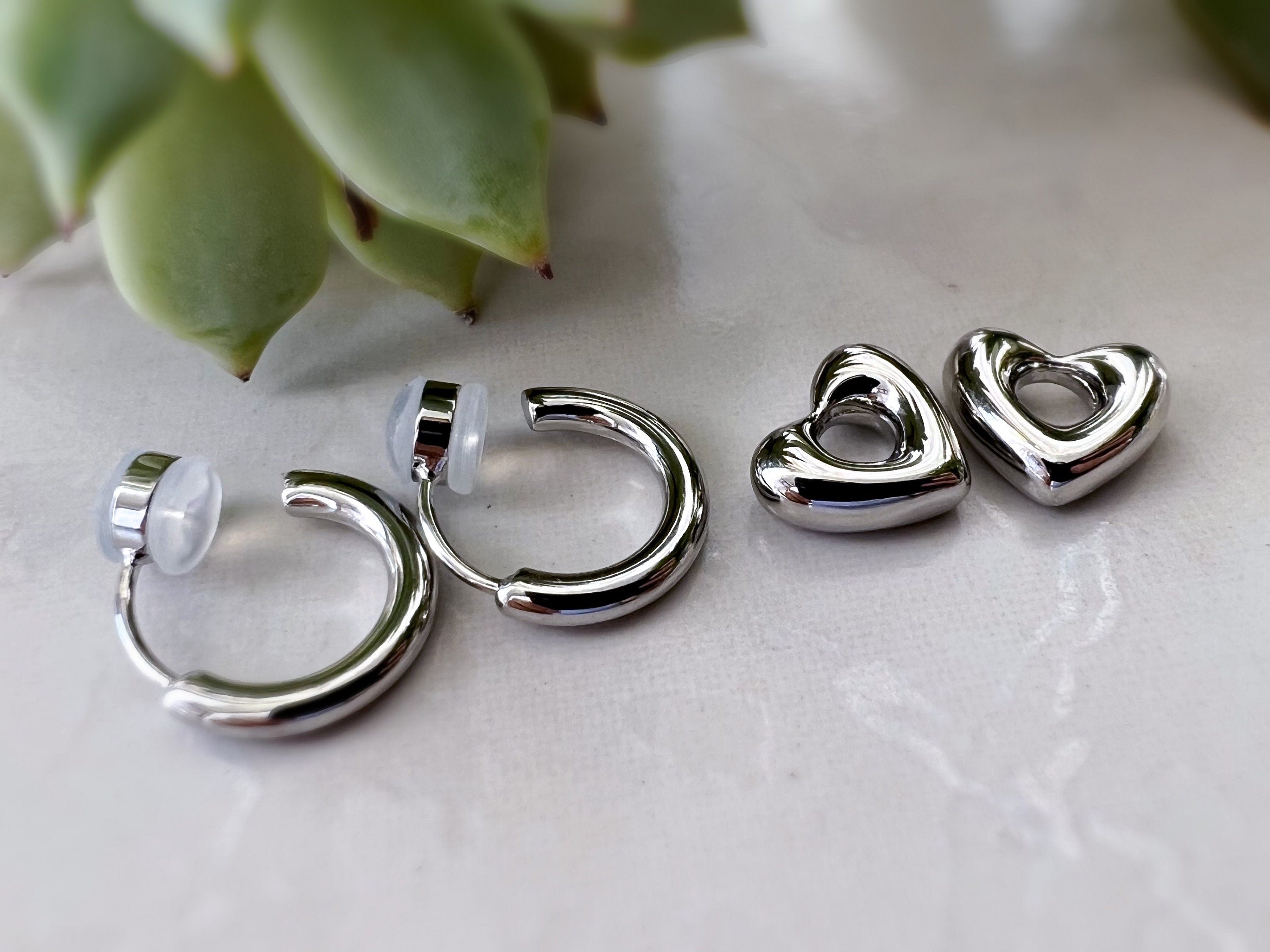 2 En 1 Sans DOULEUR ! Boucles d'oreilles CLIPS U petit cercle et cœur, Argent/ Or. Clips d'oreilles confortable