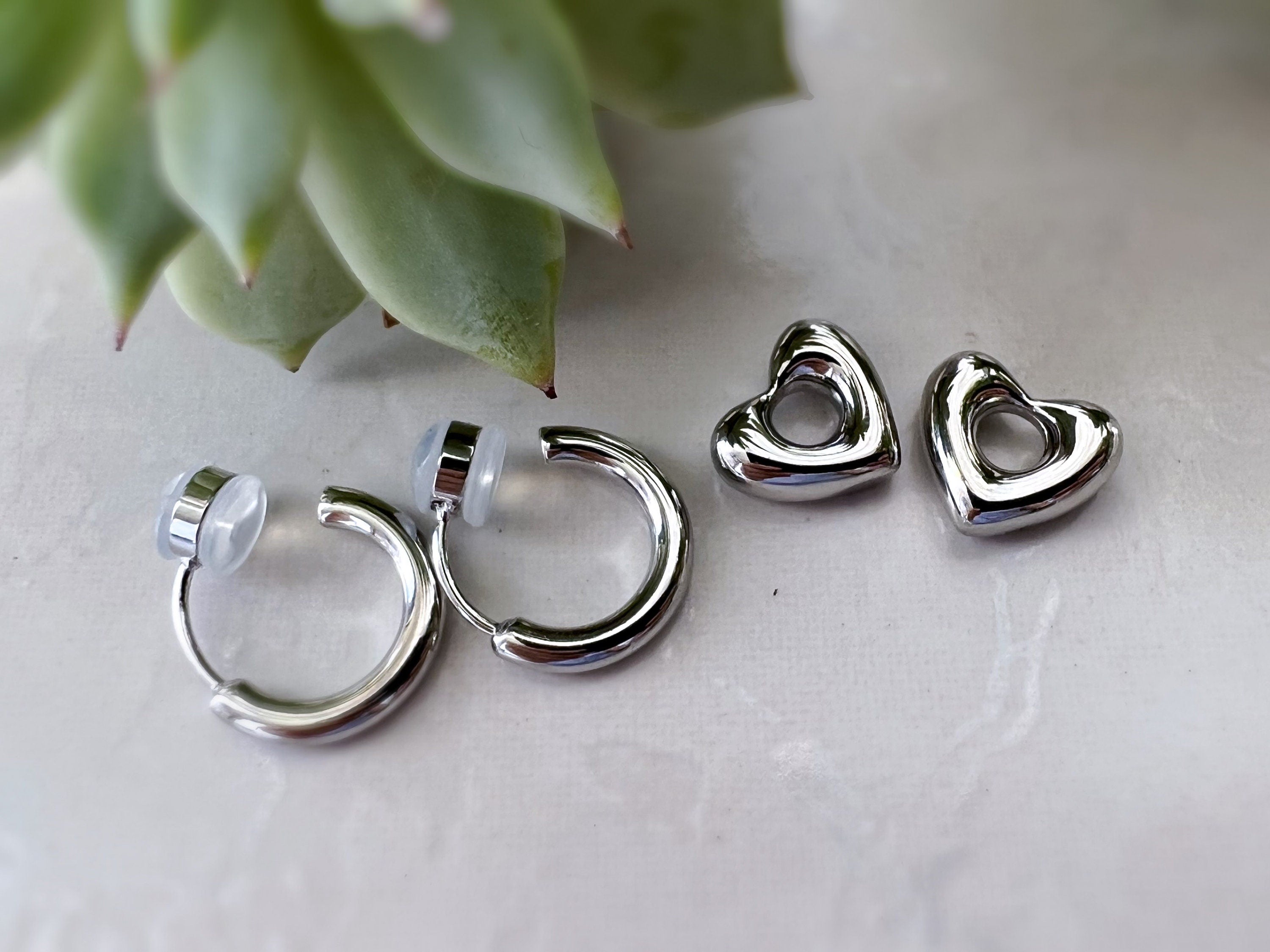 2 En 1 Sans DOULEUR ! Boucles d'oreilles CLIPS U petit cercle et cœur, Argent/ Or. Clips d'oreilles confortable