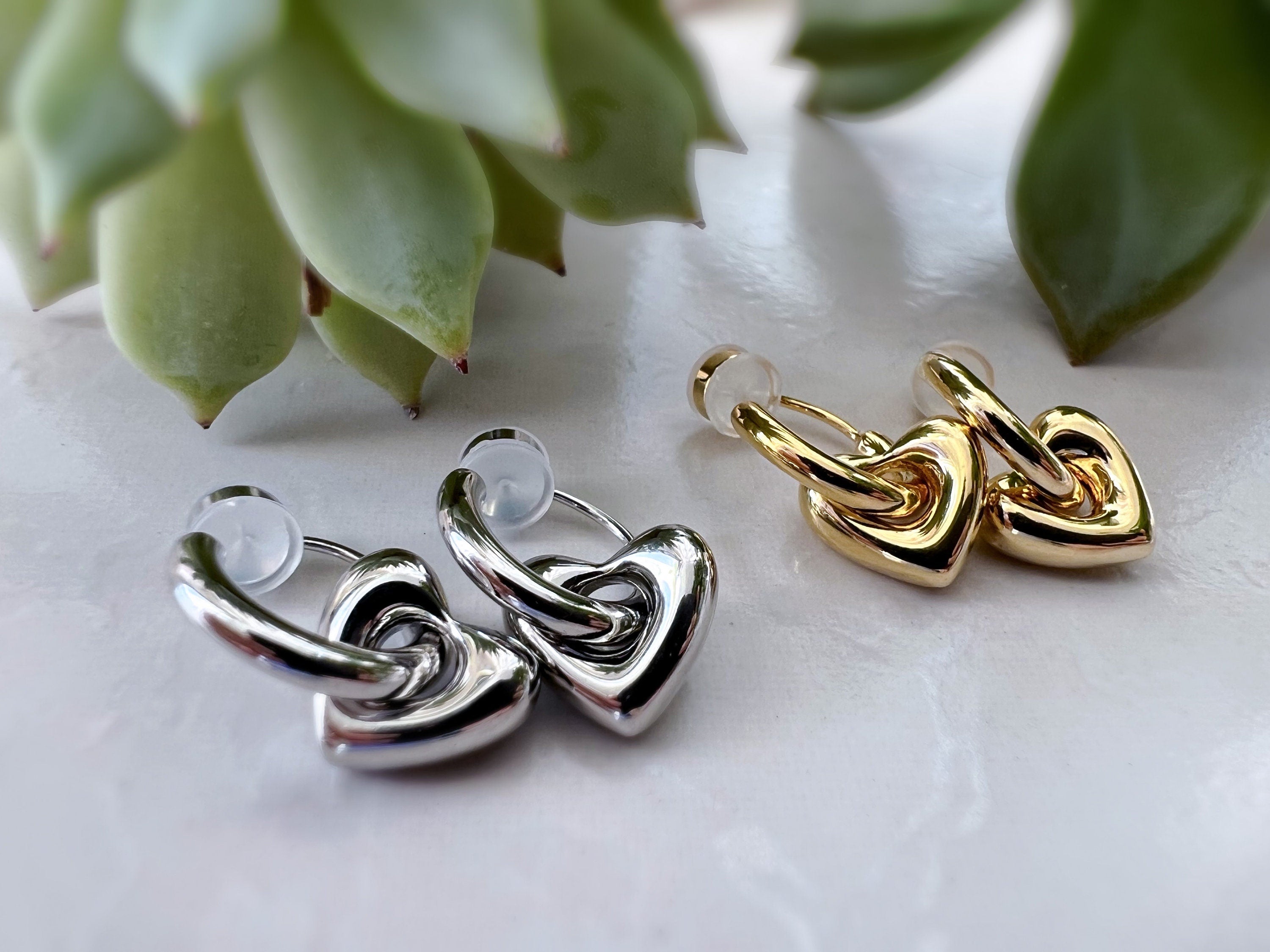 2 En 1 Sans DOULEUR ! Boucles d'oreilles CLIPS U petit cercle et cœur, Argent/ Or. Clips d'oreilles confortable