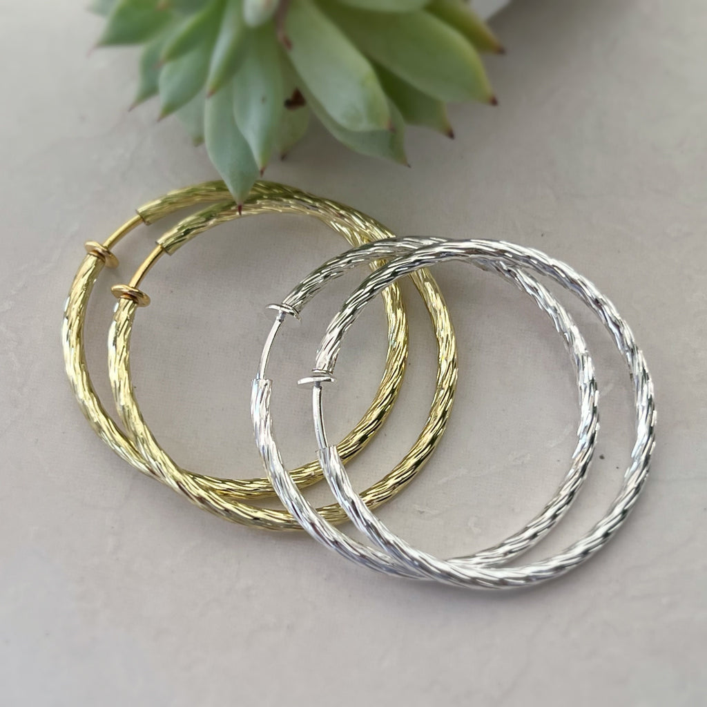 50mm Créoles Anneaux, Boucles d'oreille CLIPS Anneaux Créoles couleur Or / Argent, Clips d'oreilles, Diamètre du fil 3mm, Créoles 5cm