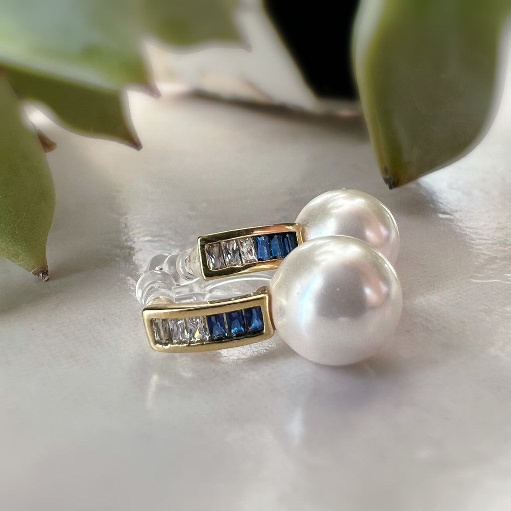 Invisible CLIPS earrings Gold Bar Mini transparent navy blue rectangle zircon, white pearl, Delicate ear clips.