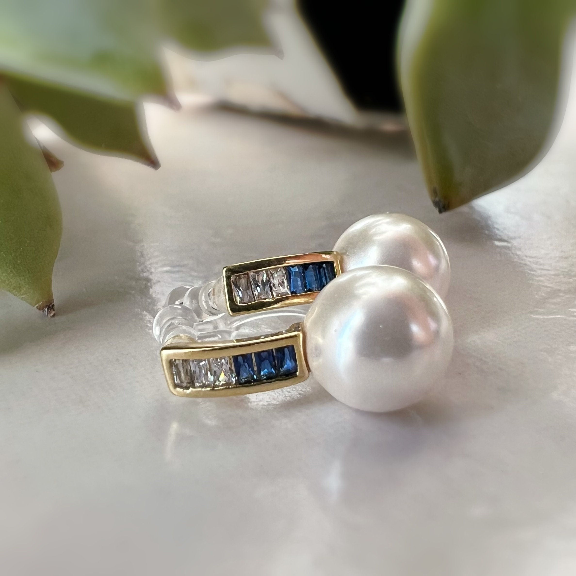 Invisible CLIPS earrings Gold Bar Mini transparent navy blue rectangle zircon, white pearl, Delicate ear clips.