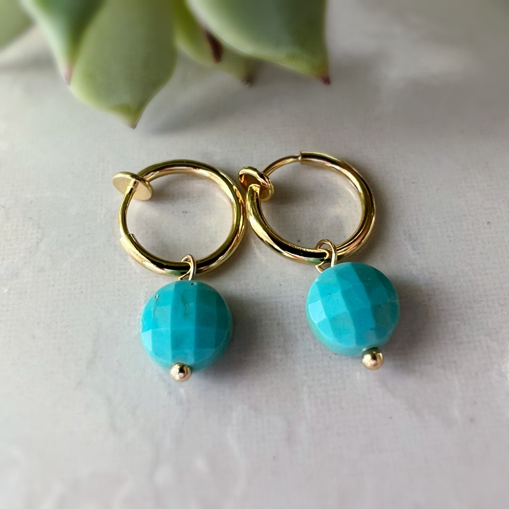 2-EN-1 Boucles d'oreilles CLIPS pendantes perles facettes turquoises Créoles Or / Argent. Clips d'oreilles discrètes oreilles non percées