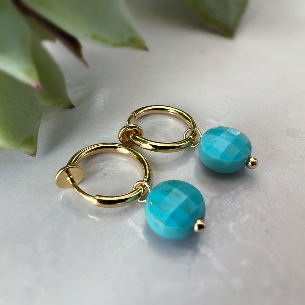 2-EN-1 Boucles d'oreilles CLIPS pendantes perles facettes turquoises Créoles Or / Argent. Clips d'oreilles discrètes oreilles non percées