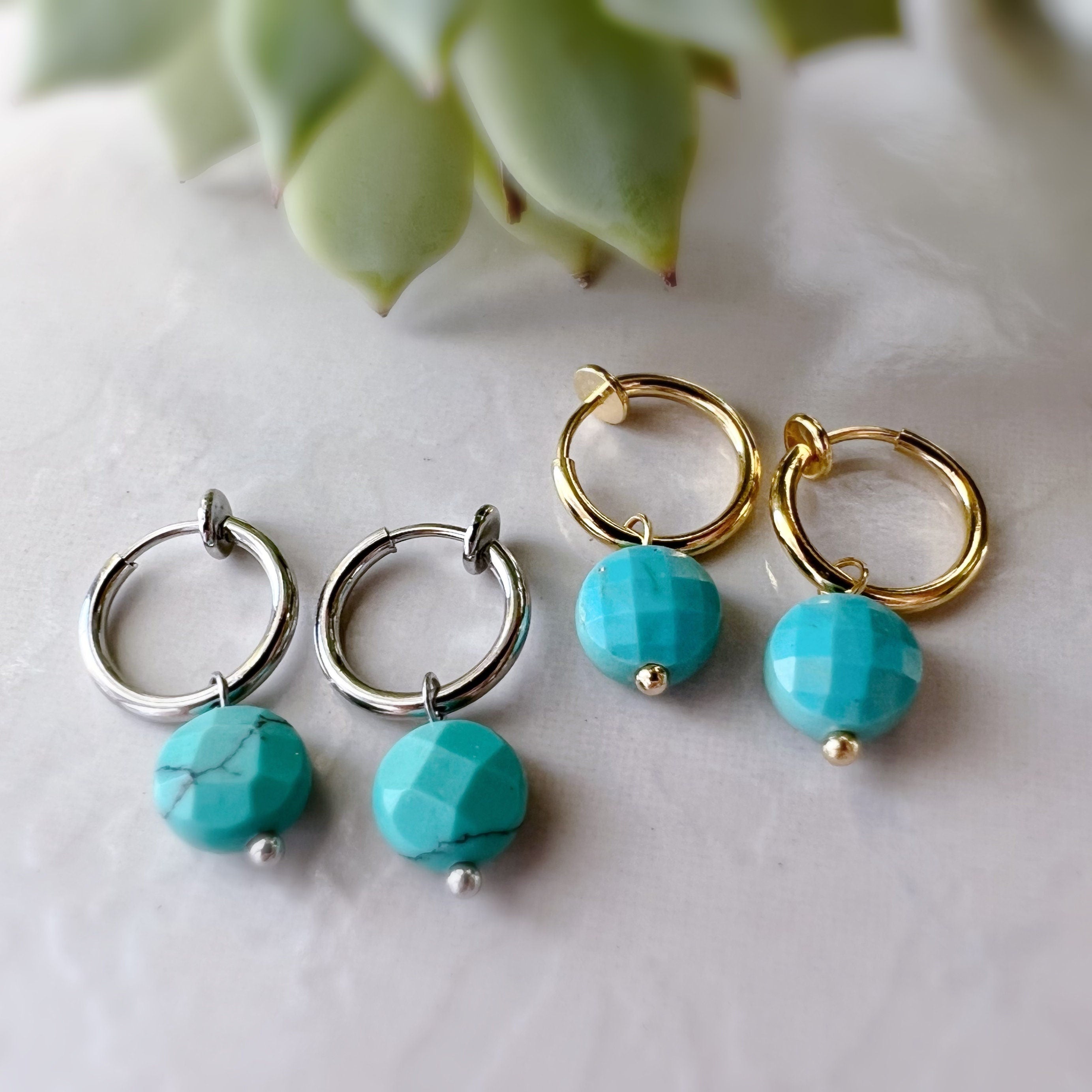 2-EN-1 Boucles d'oreilles CLIPS pendantes perles facettes turquoises Créoles Or / Argent. Clips d'oreilles discrètes oreilles non percées