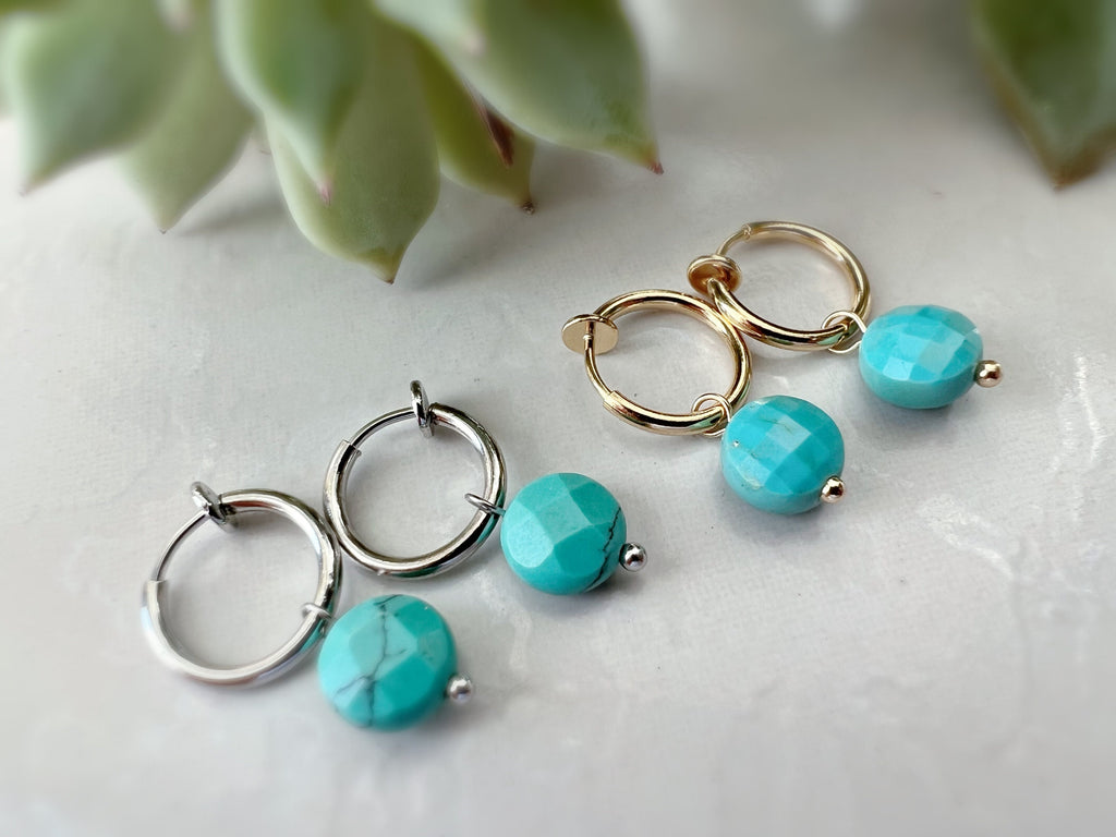 2-EN-1 Boucles d'oreilles CLIPS pendantes perles facettes turquoises Créoles Or / Argent. Clips d'oreilles discrètes oreilles non percées