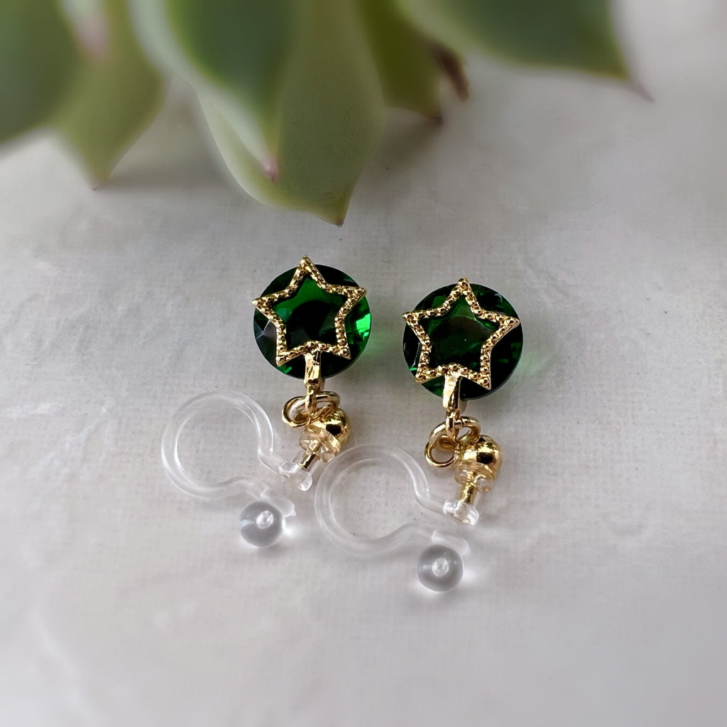 Mini 18K gold plated star dangling ear clips, round emerald zircon, comfortable delicate Invisible CLIPS earrings, Christmas