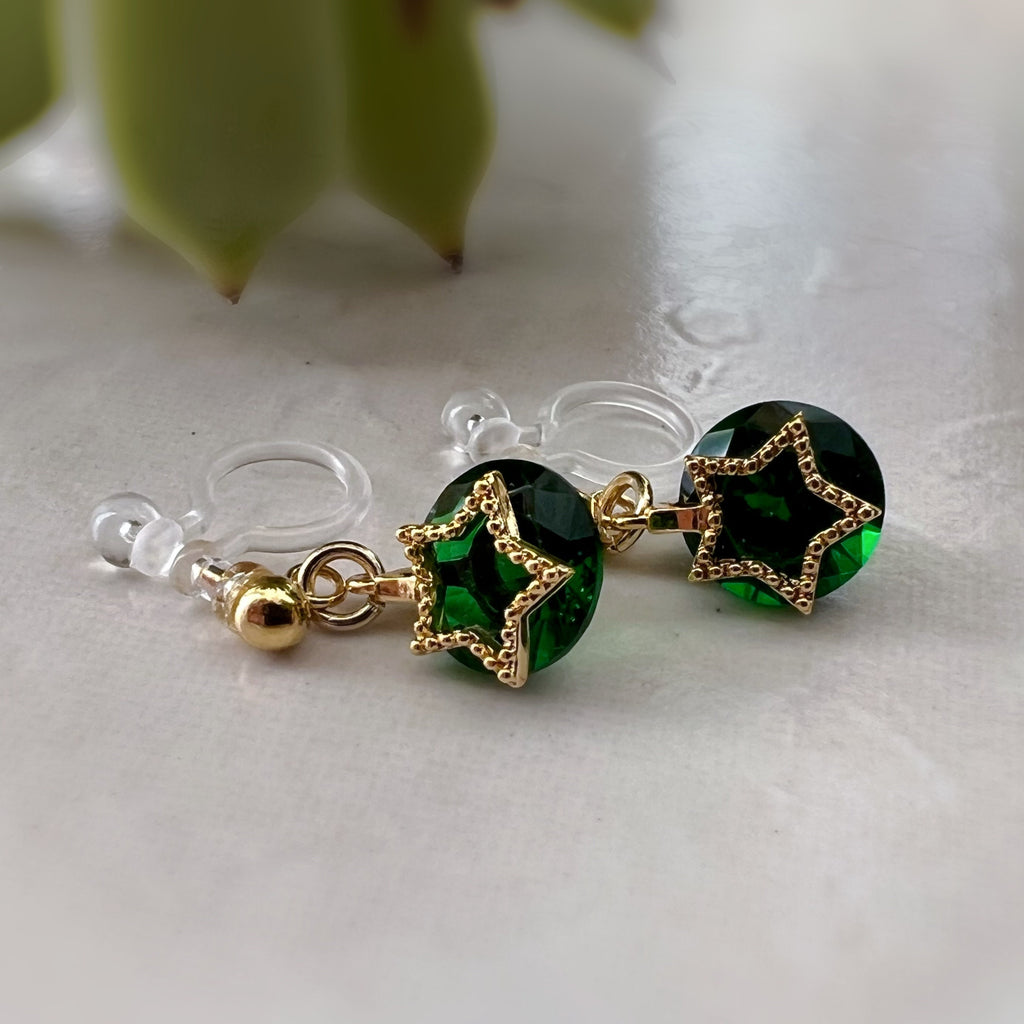 Mini 18K gold plated star dangling ear clips, round emerald zircon, comfortable delicate Invisible CLIPS earrings, Christmas