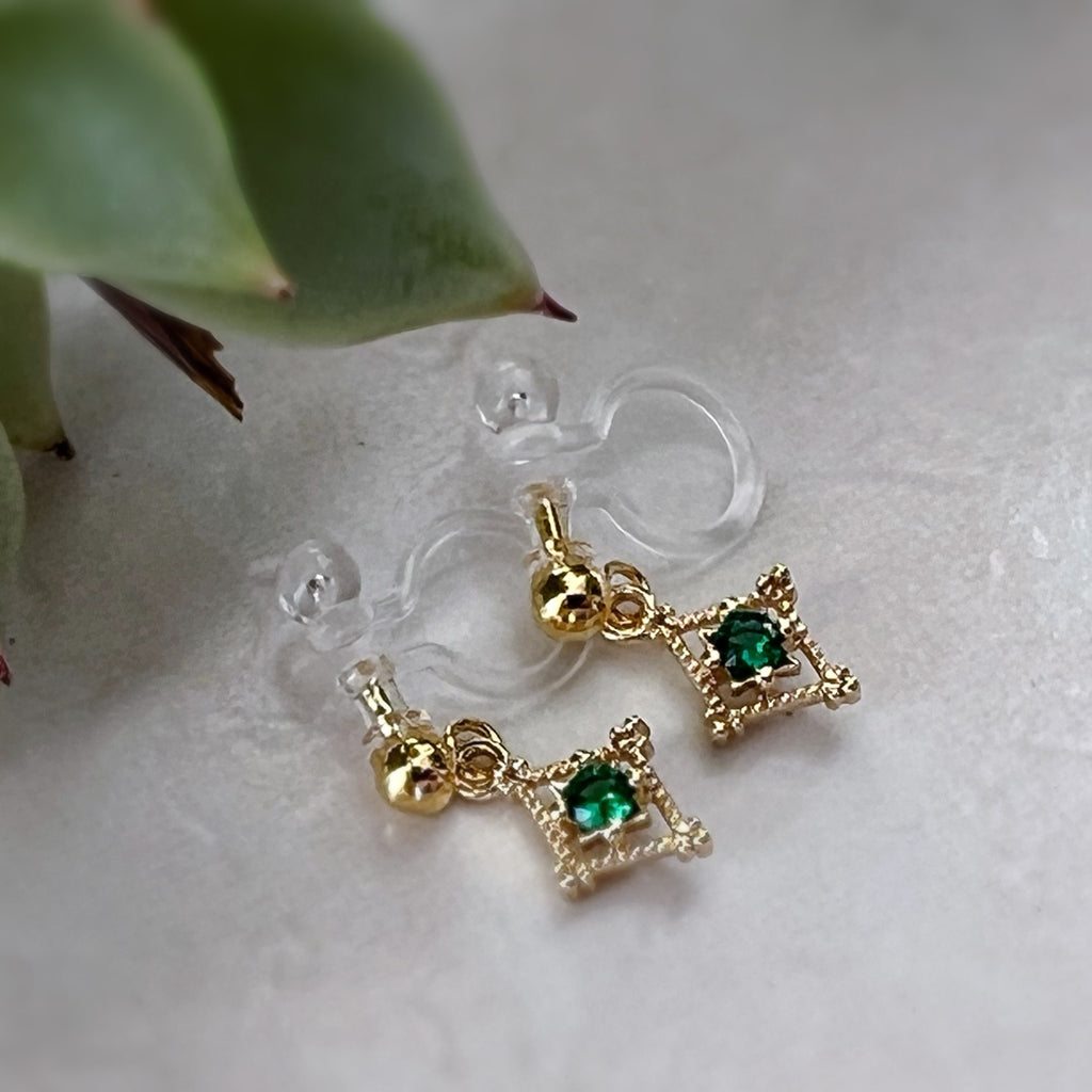 Mini hollow diamond dangling ear clips 18K gold plated Emerald Zircon, CLIPS earrings Invisible delicate comfortable, Christmas