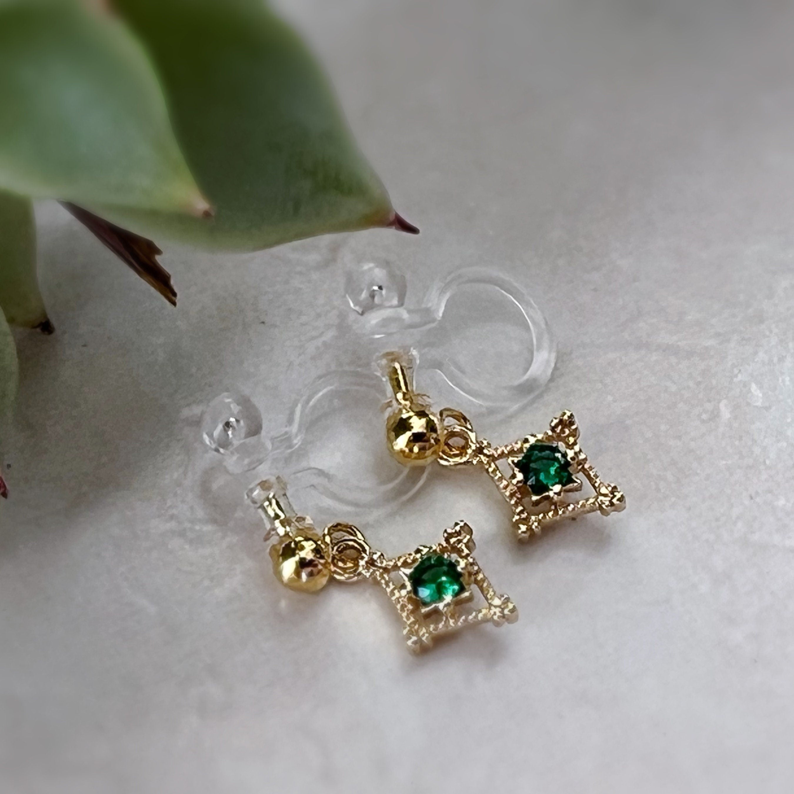 Mini hollow diamond dangling ear clips 18K gold plated Emerald Zircon, CLIPS earrings Invisible delicate comfortable, Christmas