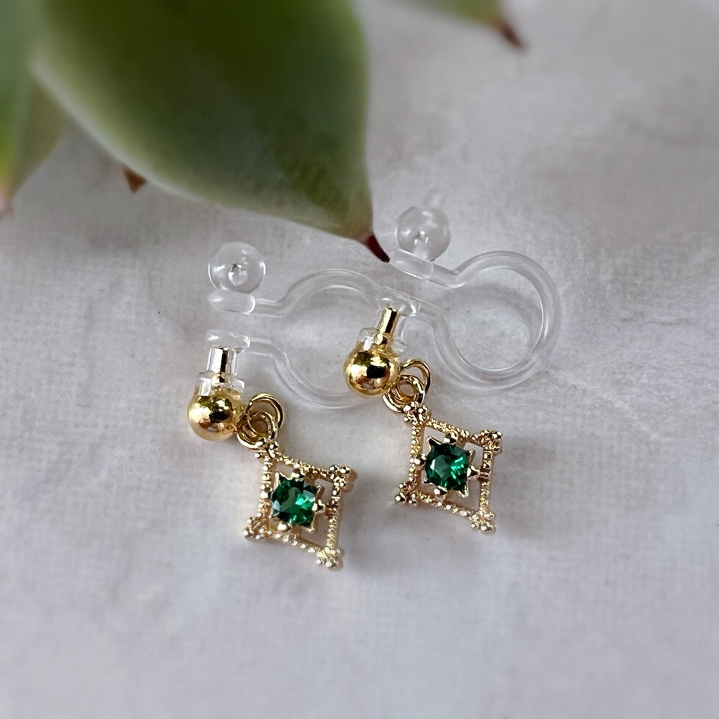 Mini hollow diamond dangling ear clips 18K gold plated Emerald Zircon, CLIPS earrings Invisible delicate comfortable, Christmas