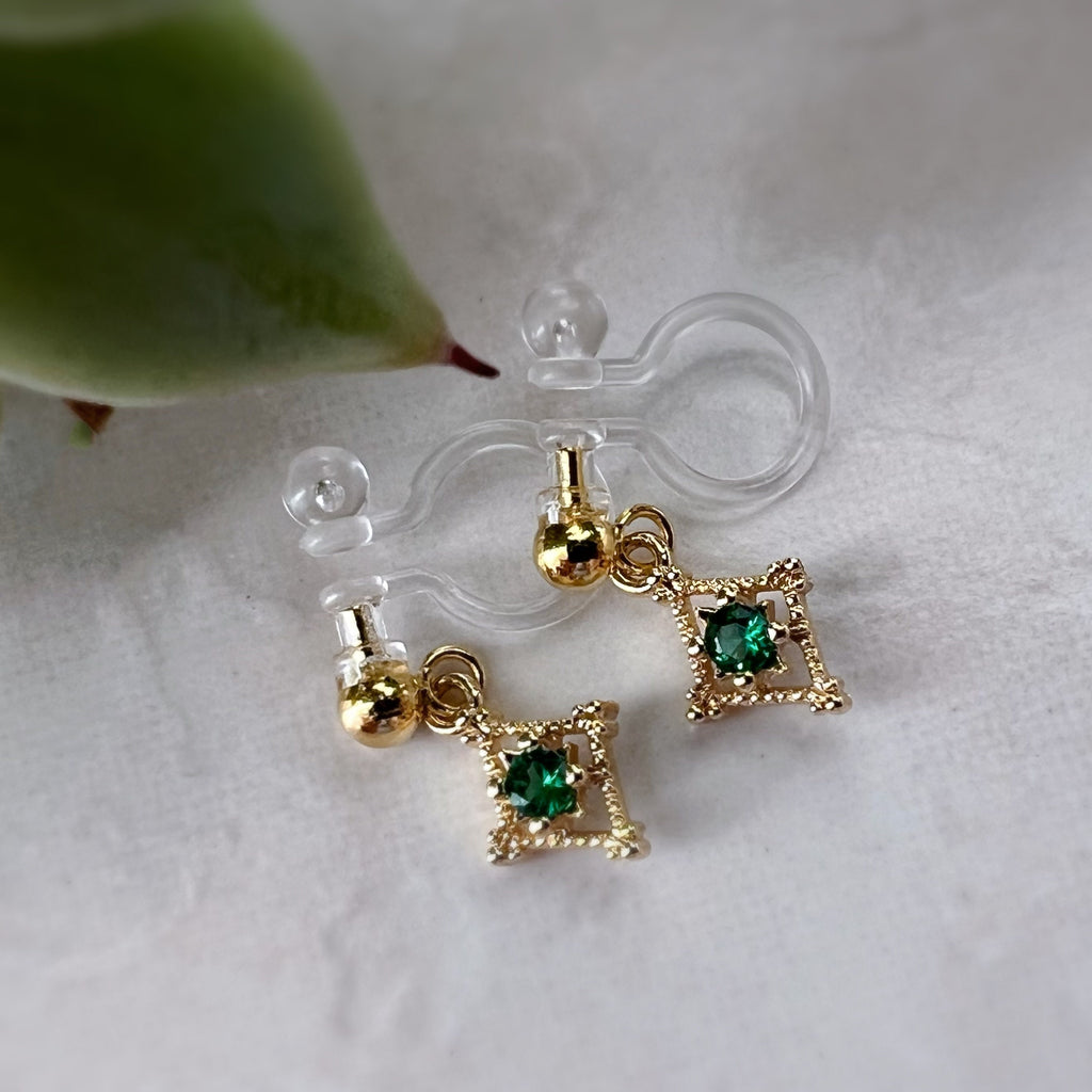 Mini hollow diamond dangling ear clips 18K gold plated Emerald Zircon, CLIPS earrings Invisible delicate comfortable, Christmas