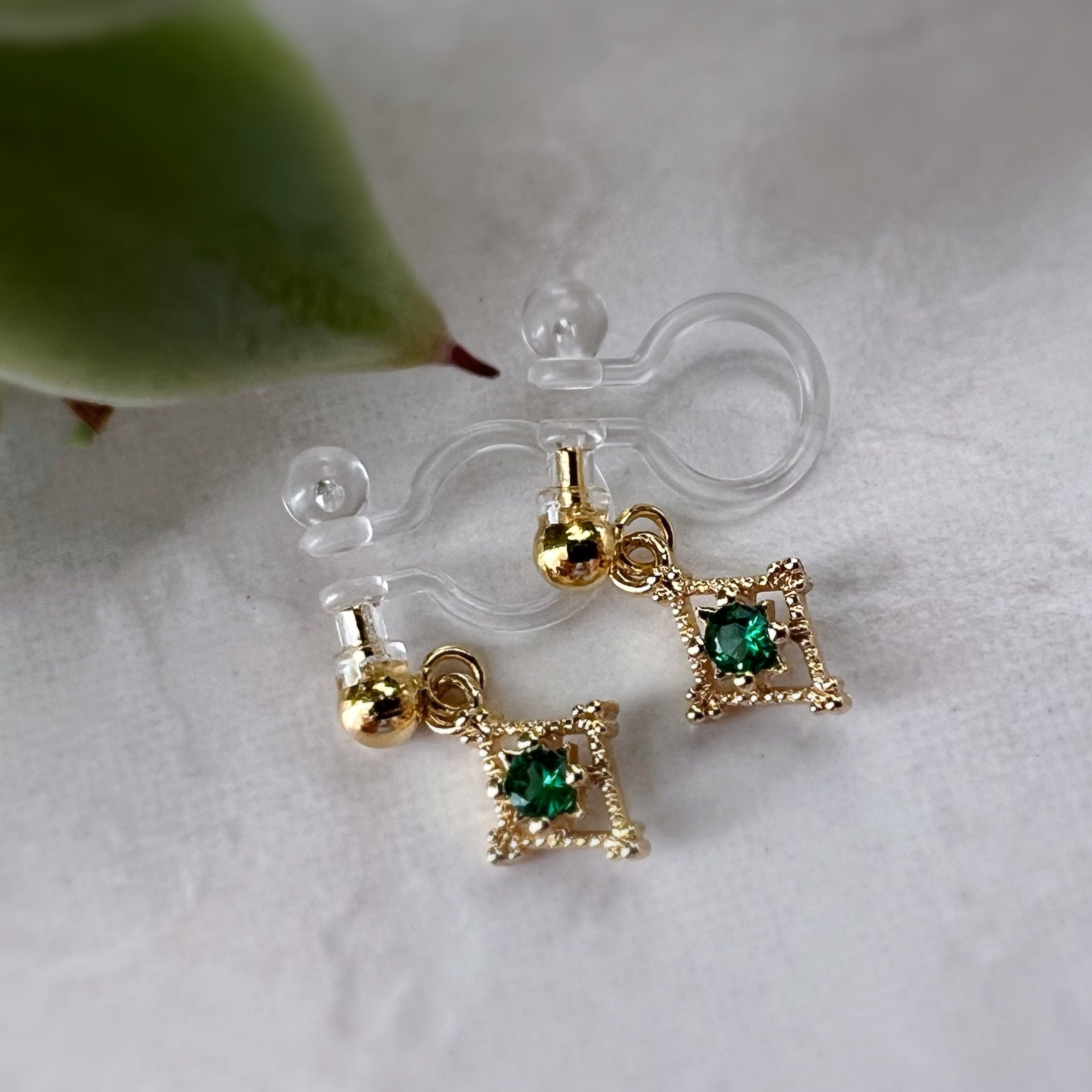 Mini hollow diamond dangling ear clips 18K gold plated Emerald Zircon, CLIPS earrings Invisible delicate comfortable, Christmas