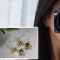 Mini hollow diamond dangling ear clips 18K gold plated Emerald Zircon, CLIPS earrings Invisible delicate comfortable, Christmas