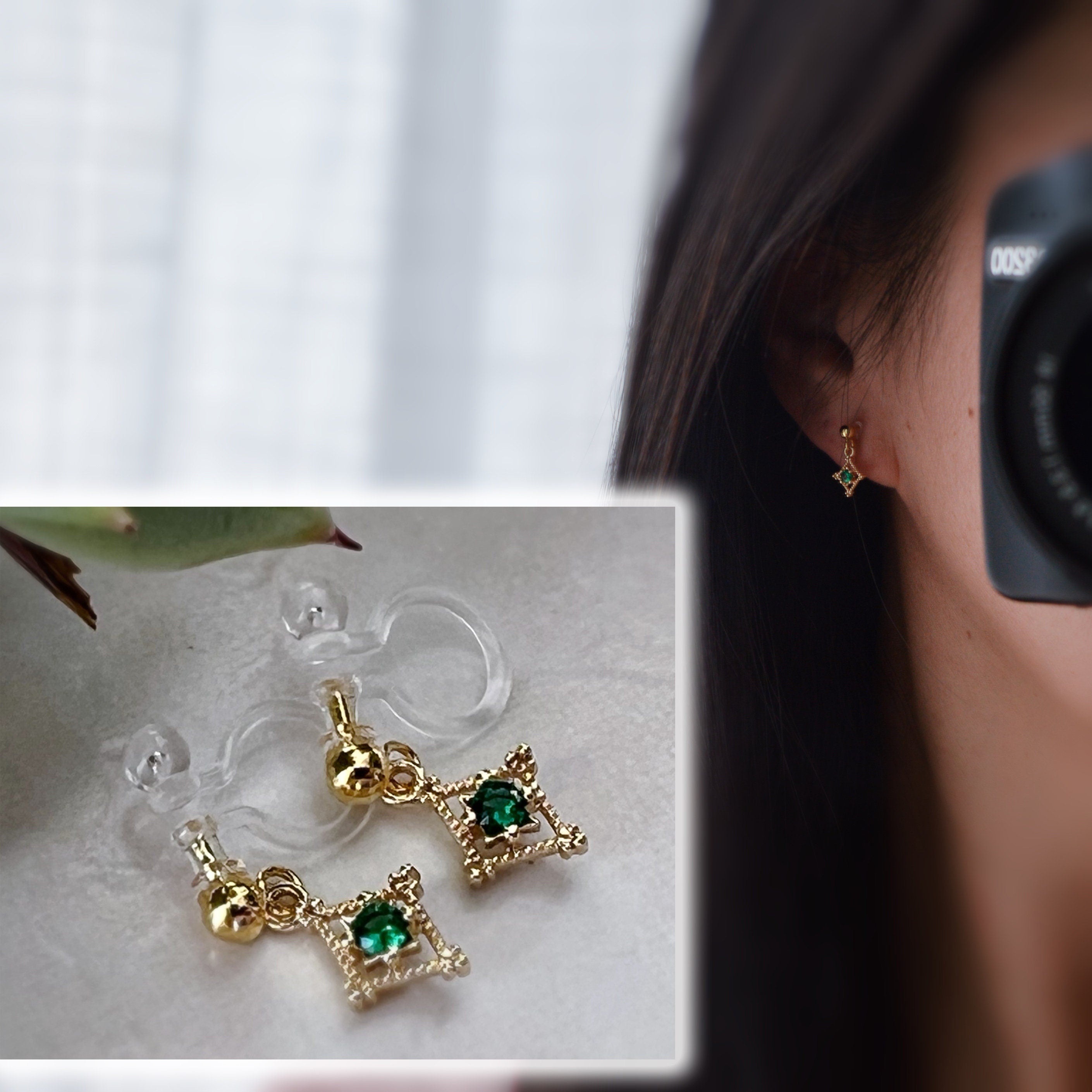Mini hollow diamond dangling ear clips 18K gold plated Emerald Zircon, CLIPS earrings Invisible delicate comfortable, Christmas